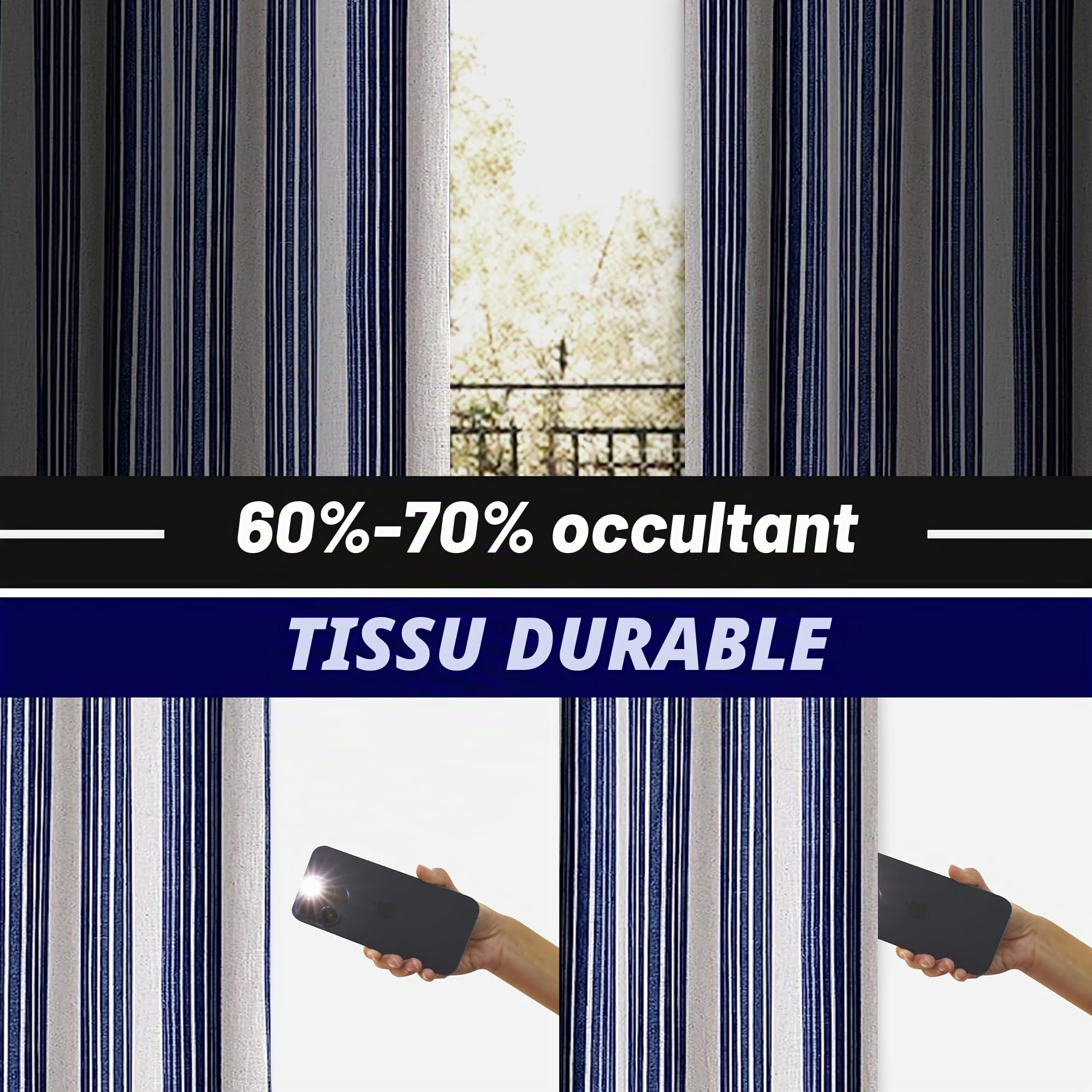 DriftAway Chris Lot de 2 Rideaux occultants en Lin mélangé à Motif à Rayures Verticales et à œillets pour Chambre de Ferme imprimé – 132,1 x 213,4 cm – Ivoire Bleu foncé