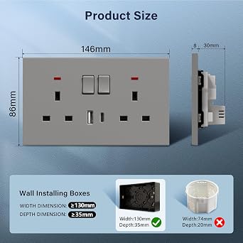 BSEED Double Socket with USB C 5 Pack, Electrical Double Switched Power Plug Wall Socket with LED Indicator, PC Wall Plate Outlet, Grey, 13A