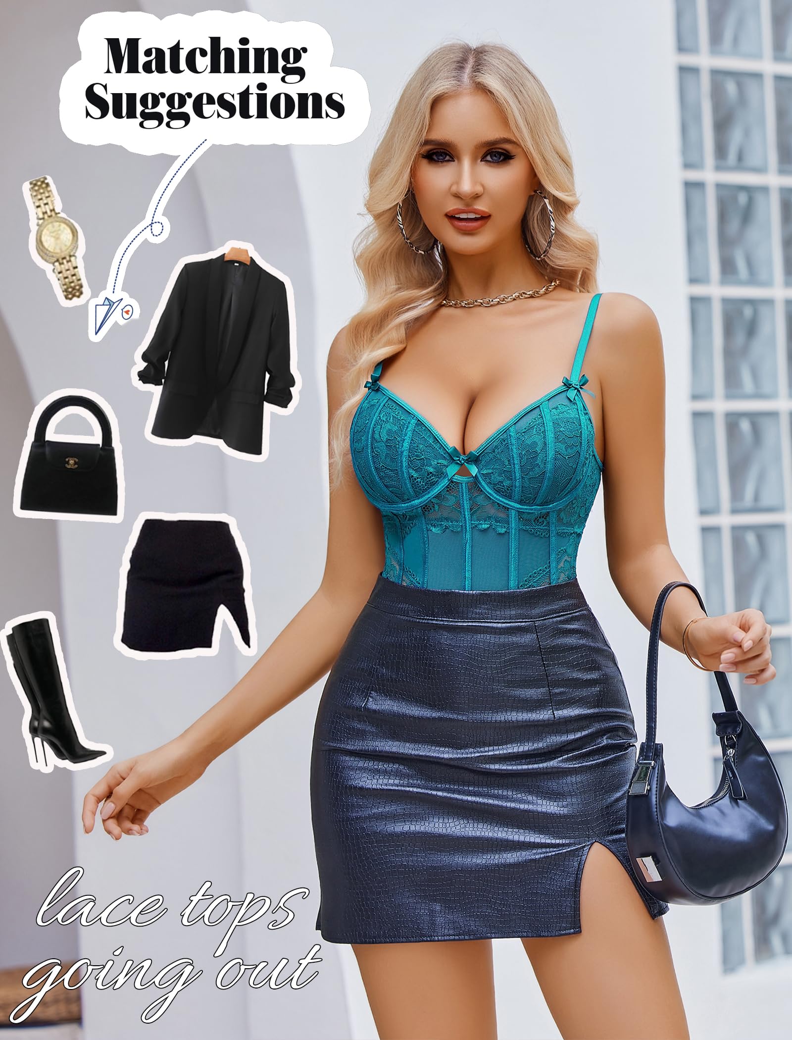 Avidlove Bodysuit for Women Sexy Lace Top One Piece Lingerie V Neck Mesh Tops Going Out Cami Naughty Push Up Body Suit S-XXL: Medium Blue Green