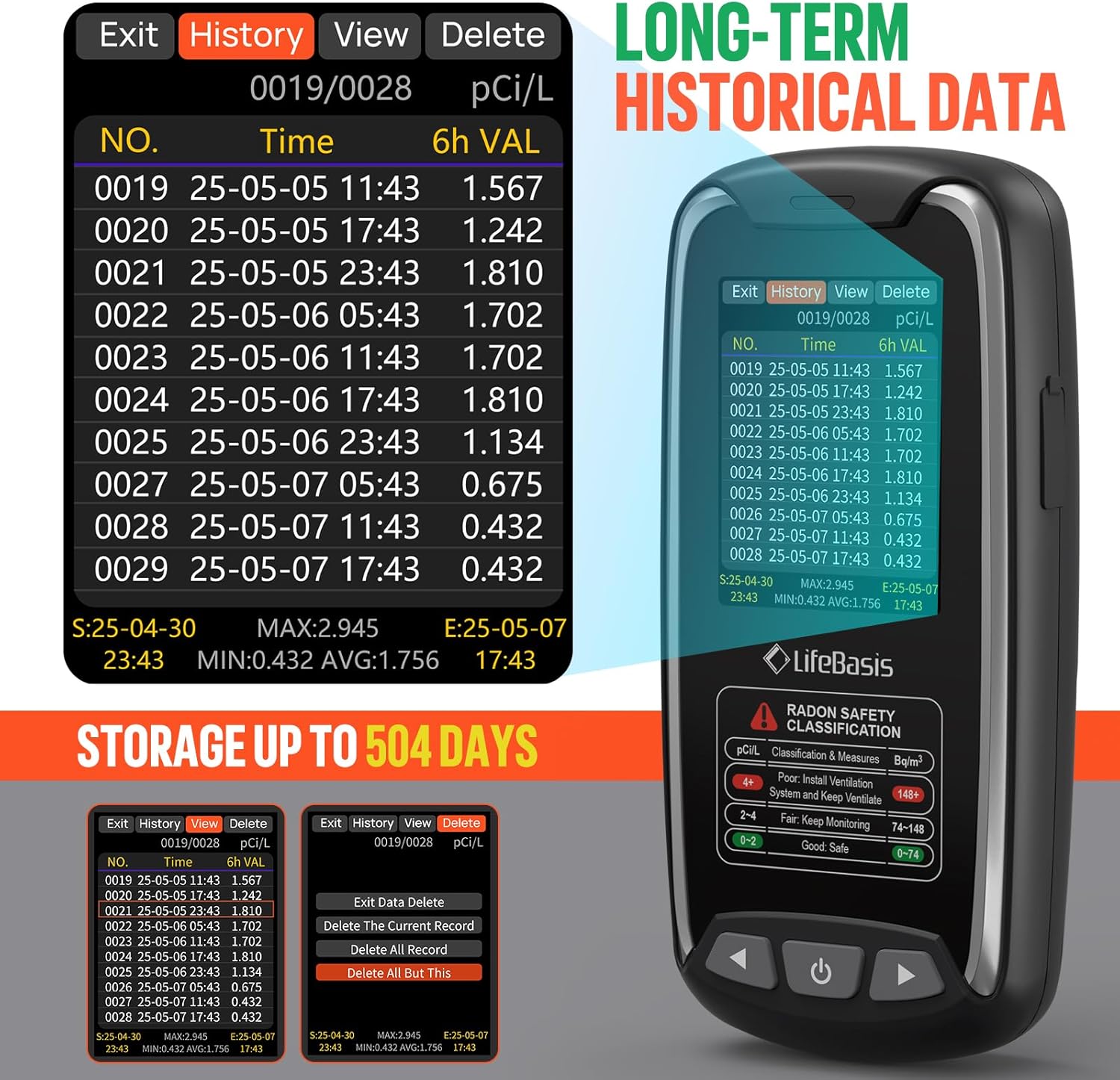 LifeBasis Radon Detector with TFT Color Display First Data Display in 6 Hours, Portable Radon Monitor for Home Rechargeable Radon Tester Long Data Storage with Visual and Audible Alarm pCi/L or Bq/m³ - Image 3