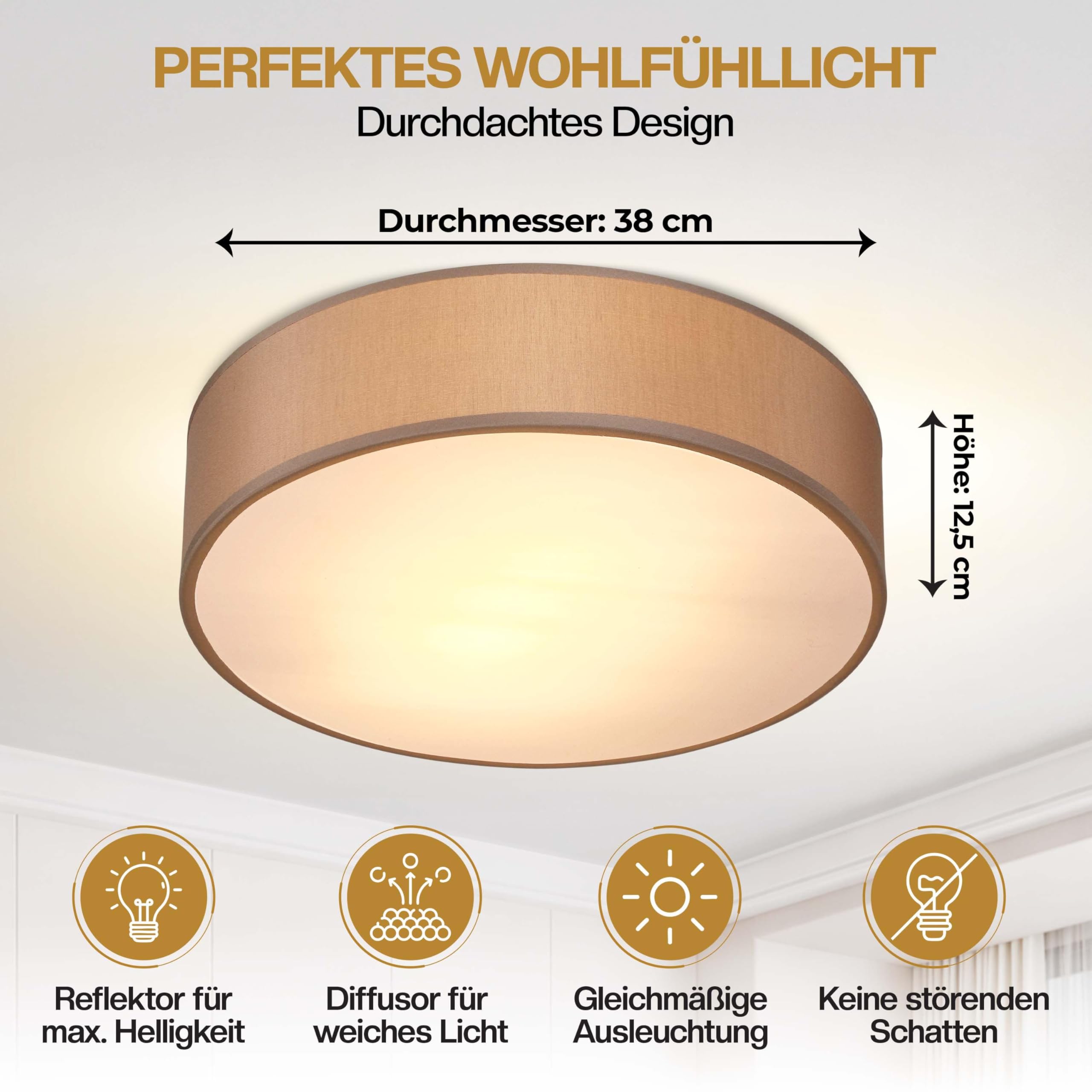 Monzana® Deckenlampe Stoff Wohnzimmer Schlafzimmer E27 Taupe 38cm Rund 2-Flammig 40W Lampe Flur Küche Deckenstrahler Deckenleuchte Stoffdeckenlampe