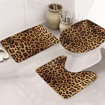 Leopard Skin Print Bathroom Rugs Sets 3 Piece Non Slip Quick Dry Bath Mat Soft Absorbent Plush Bath Carpet Shaggy Bath Mats Machine Washable Bath Mats for Bathroom Tub Shower Kitchen