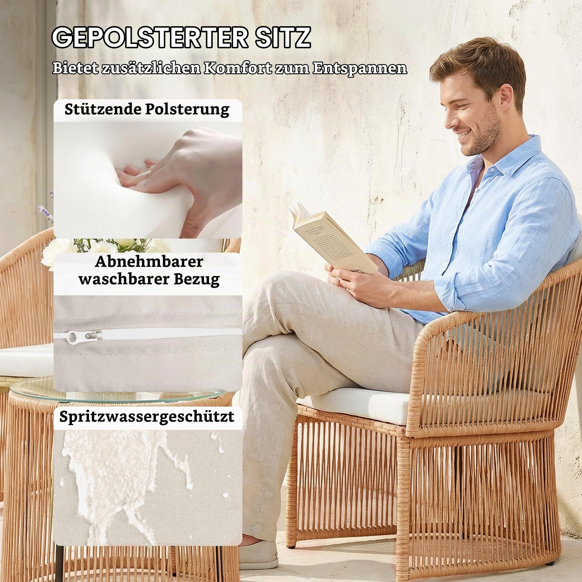 Outsunny Polyrattan Gartenmöbel Set mit Kissen für 2 Personen Cremeweiß
