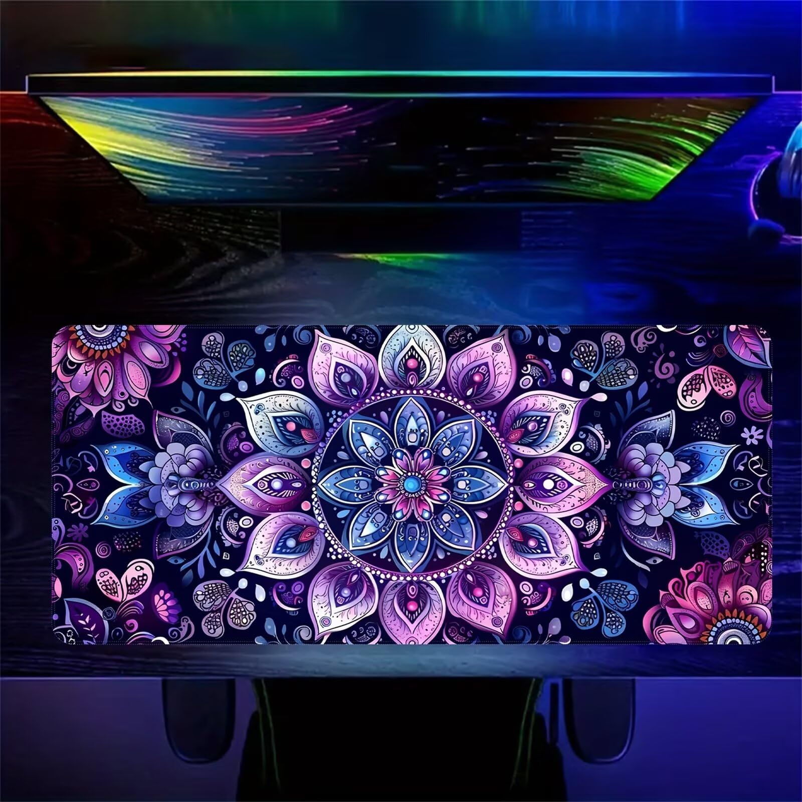 Alfombrilla de Ratón XXL 1000x500x3mm, Alfombrilla de Escritorio Grande Mandala Púrpura, Mouse Pad Gaming Antideslizante con Bordes Cosidos para Teclado, PC y Oficina