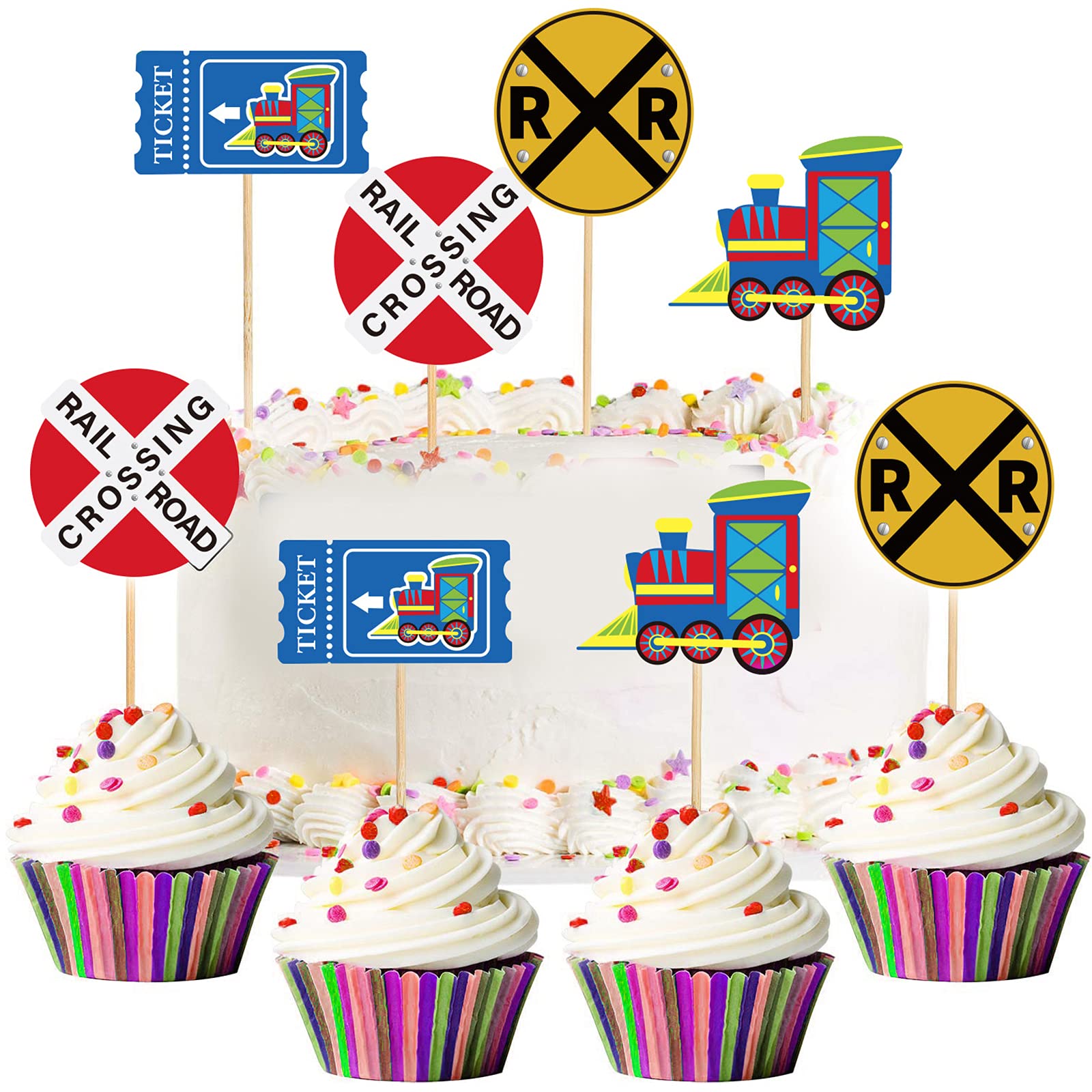 Buy 48Pcs Train Cake Toppers Birthday Cupcake Toppers Railroad Crossing ...