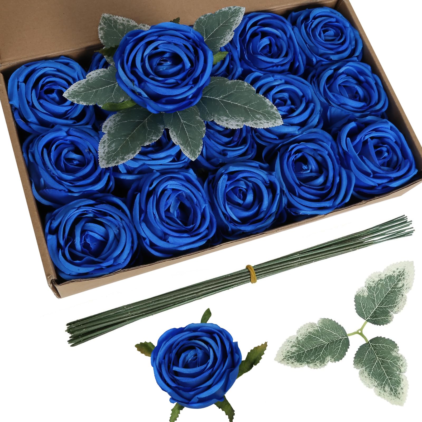 INSUNSIX Artificial Roses,16PCS Royal Blue Flowers 2.76" Austin Silk Roses Artificial Flowers Bulk for Wedding Bouquets Party Home Decor(Royal Blue)