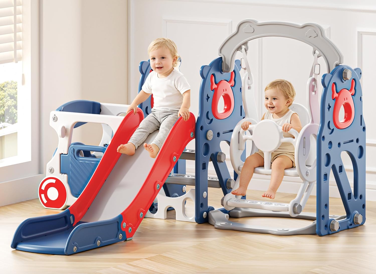 Toddler Slide and Swing Set, Bus Themed Kids Slide with Climber, Indoor Outdoor Playset for Toddlers Age 1-3, Blue
