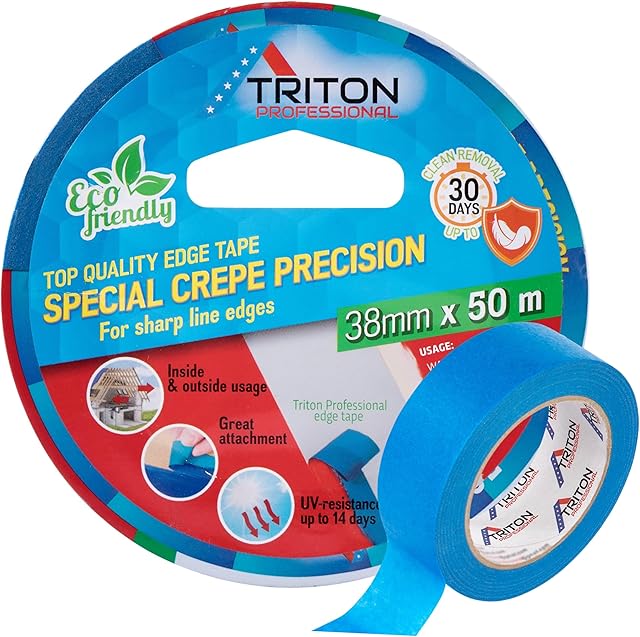 Blue Painters Masking Tape for Painting and Decorating - Special Crepe Precision - Indoor & Outdoor - Sharp Line Edges - No Traces of Glue - 38mm x 50m - UV Resistant - Clean Removal up to 30 Days