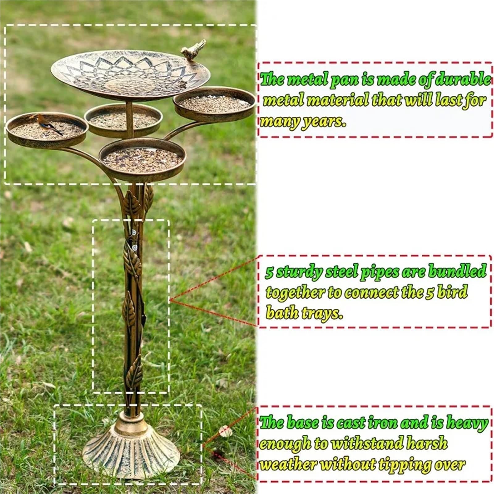 Metal Bebedero pajaros con Pie Baño for pájaros al Aire Libre con Base de Hierro Fundido 33,5 "H | Bandeja de cuenco de alimentación de pájaros de metal, decoración de patio de jardín de baño de pájaros de metal