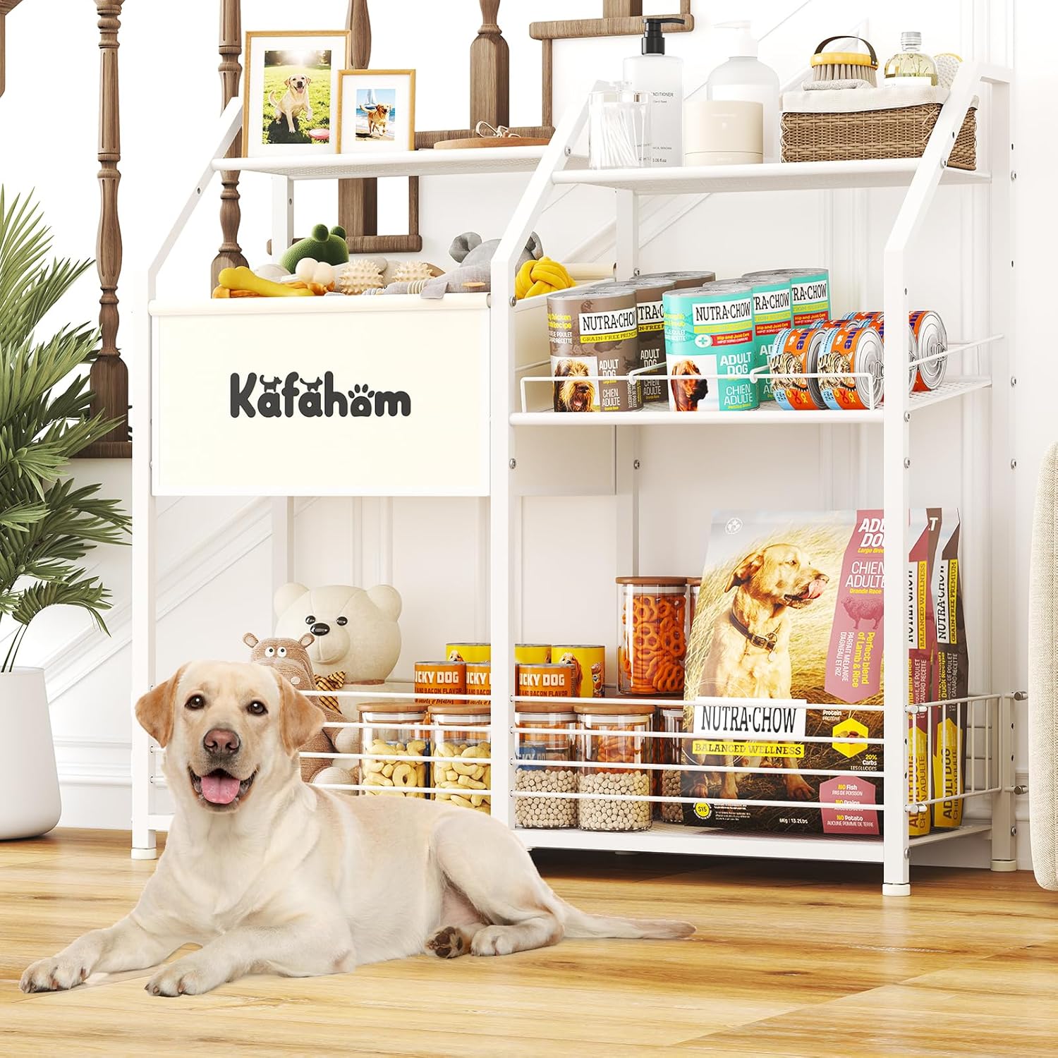 KAFAHOM Dog Toy Basket, Large Dog Toy Bin with Can Dispenser, Pet Toy box with Storage Shelf, Dog Stuff with Collar Leash Holder Rod, Ultimate Pet Furniture & Essentials, Dog Lover Gifts