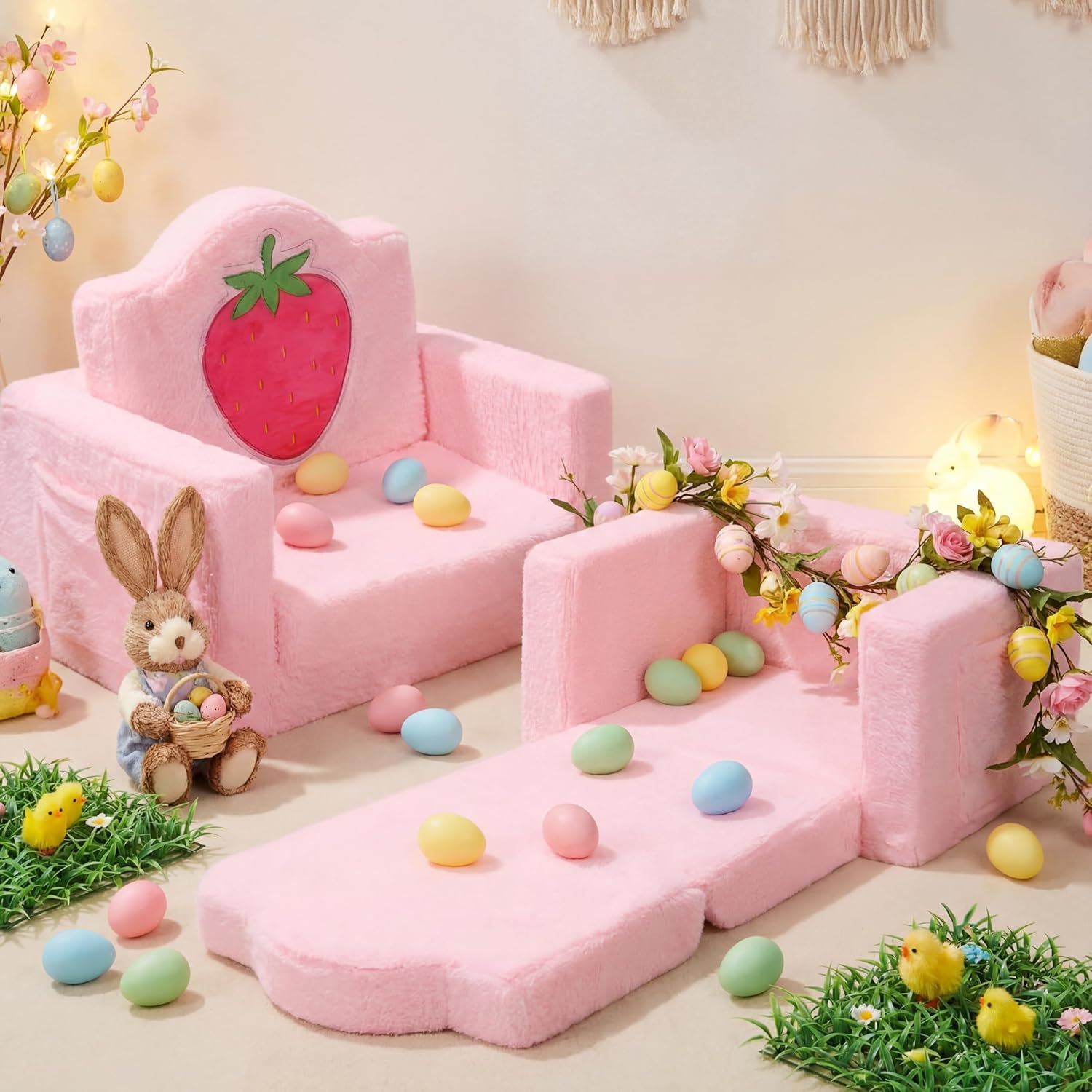 Novabright Kids Chair or Couch for Toddler, 2-in-1 Soft Foldable Couch, Comfy Toddler Chair, Convertible Sofa to Lounger, Gifts for Kids Girl Boys for Easter, Birthday, Children's Day (Strawberry)