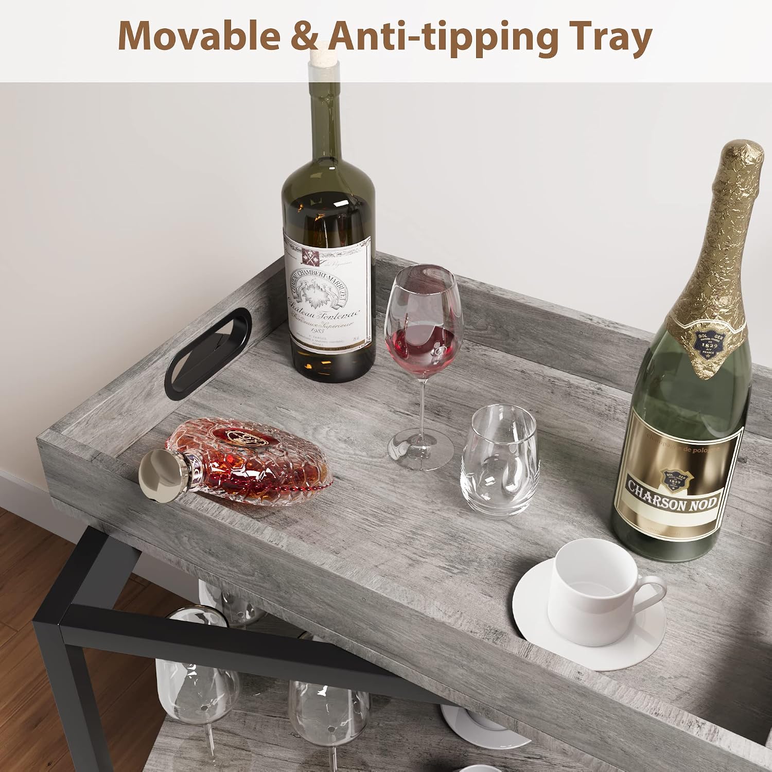 IDEALHOUSE Bar Cart, Bar Carts for The Home, Bar Carts on Wheels, 3 Tier Bar Cart with Wine Rack, Wheel Locks (Grey)