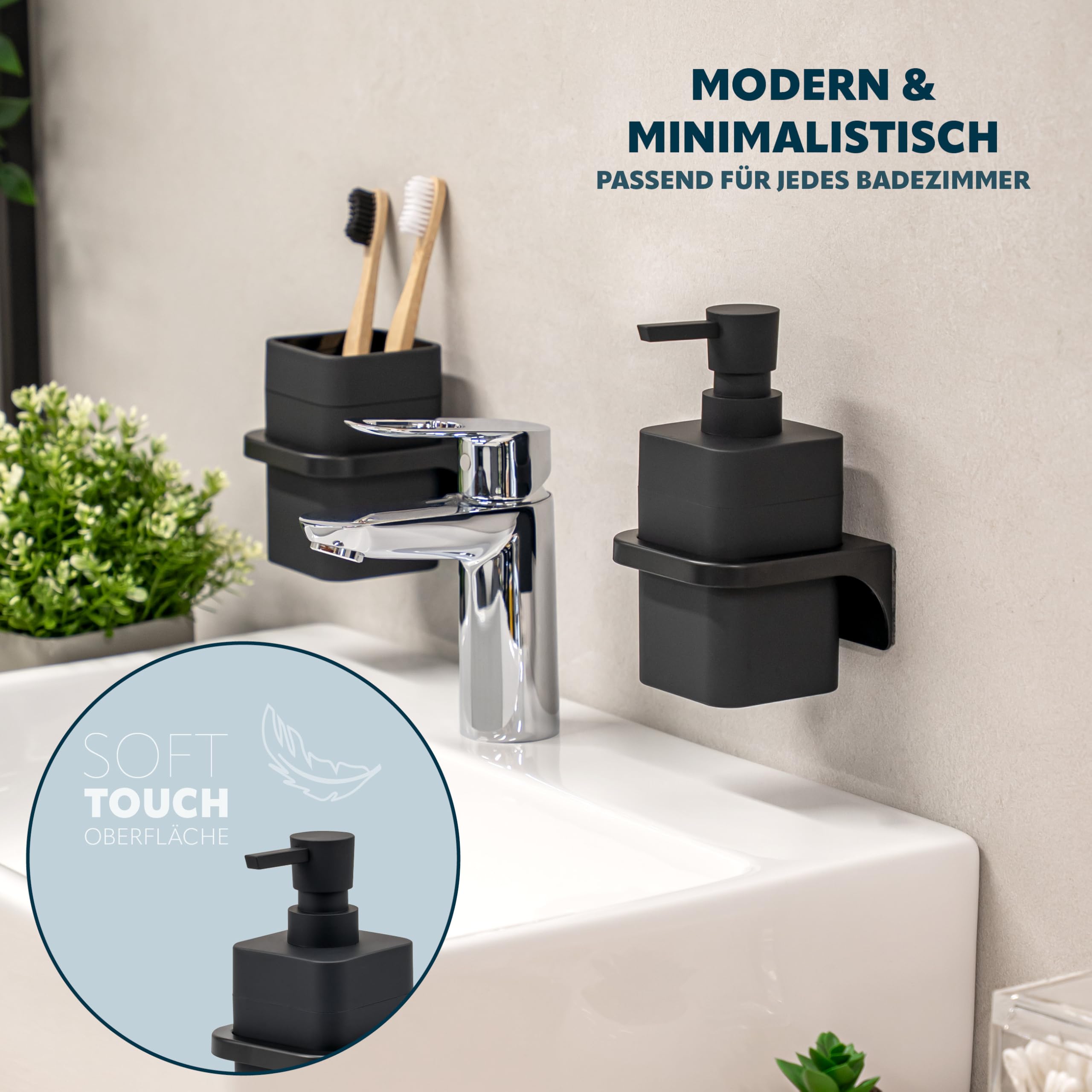 bremermann Badezimmer-Set Savona mit Soft-Touch Oberfläche inkl. Wandhalterung, eckiges Bad-Accessoires Set 2tlg. bestehend aus 1x Seifenspender und 1x Becher aus Kunststoff (Schwarz)