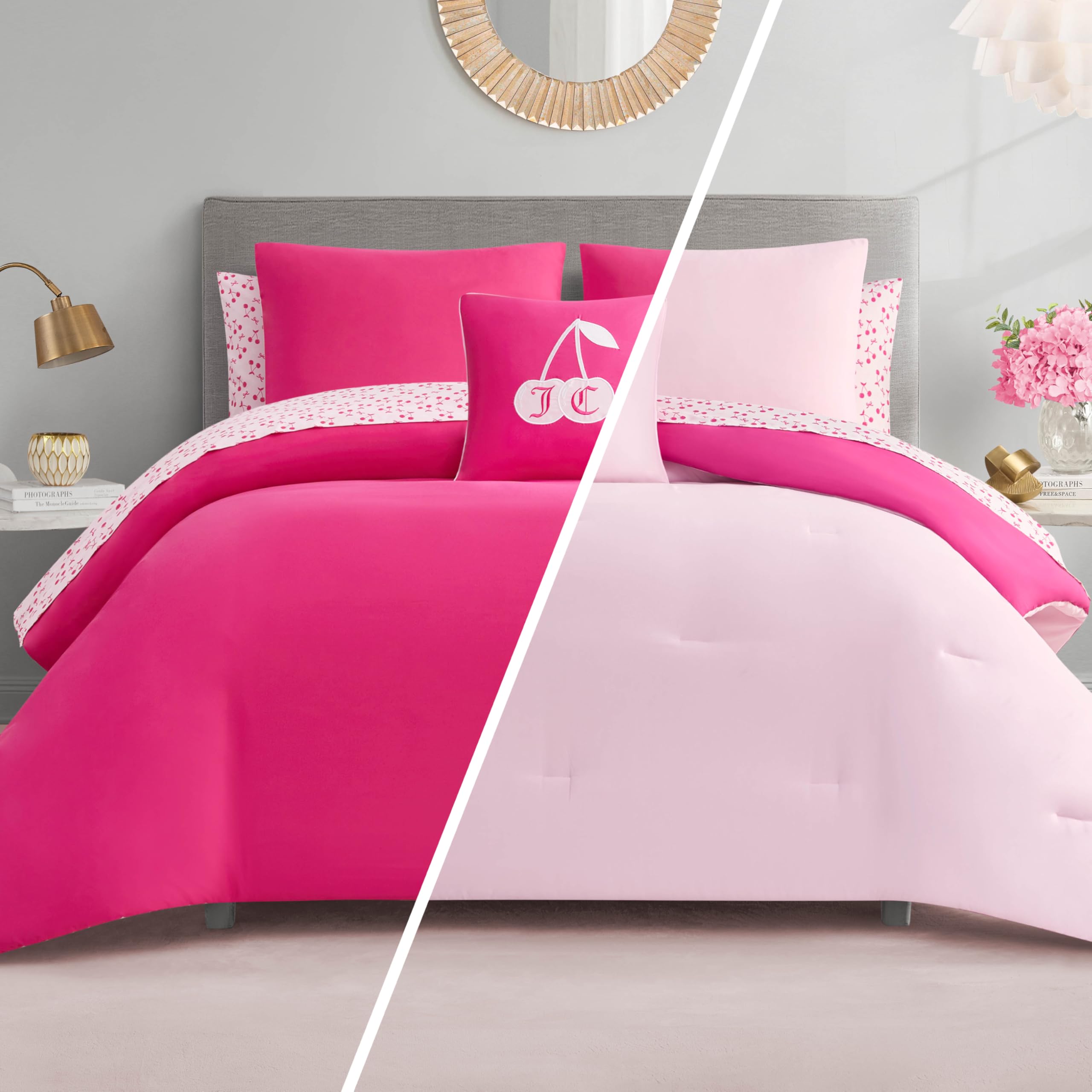 Juicy Couture 8-Piece Reversible Bed in a Bag, King Solid Hot Pink/Light Pink Cherry