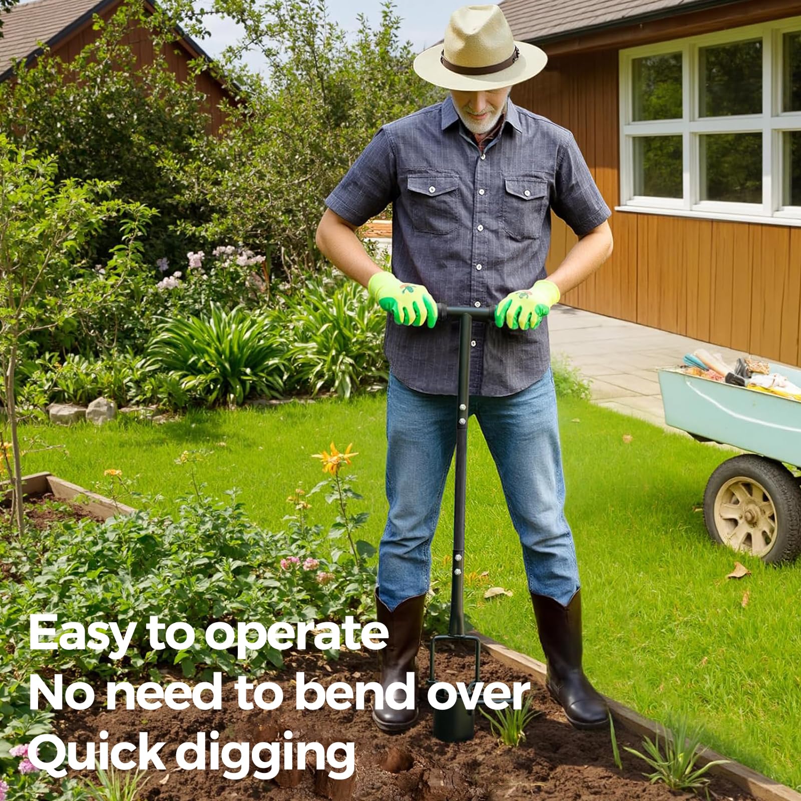 Plantoir de bulbes à long manche - Outil de Jardin en Acier Carbone pour Planter Tulipes, Iris, Jacinthes - Pédale Anti-Dérapante & Bord Dentelé - Plantoir, Aérateur et Transplantoir 3 en 1