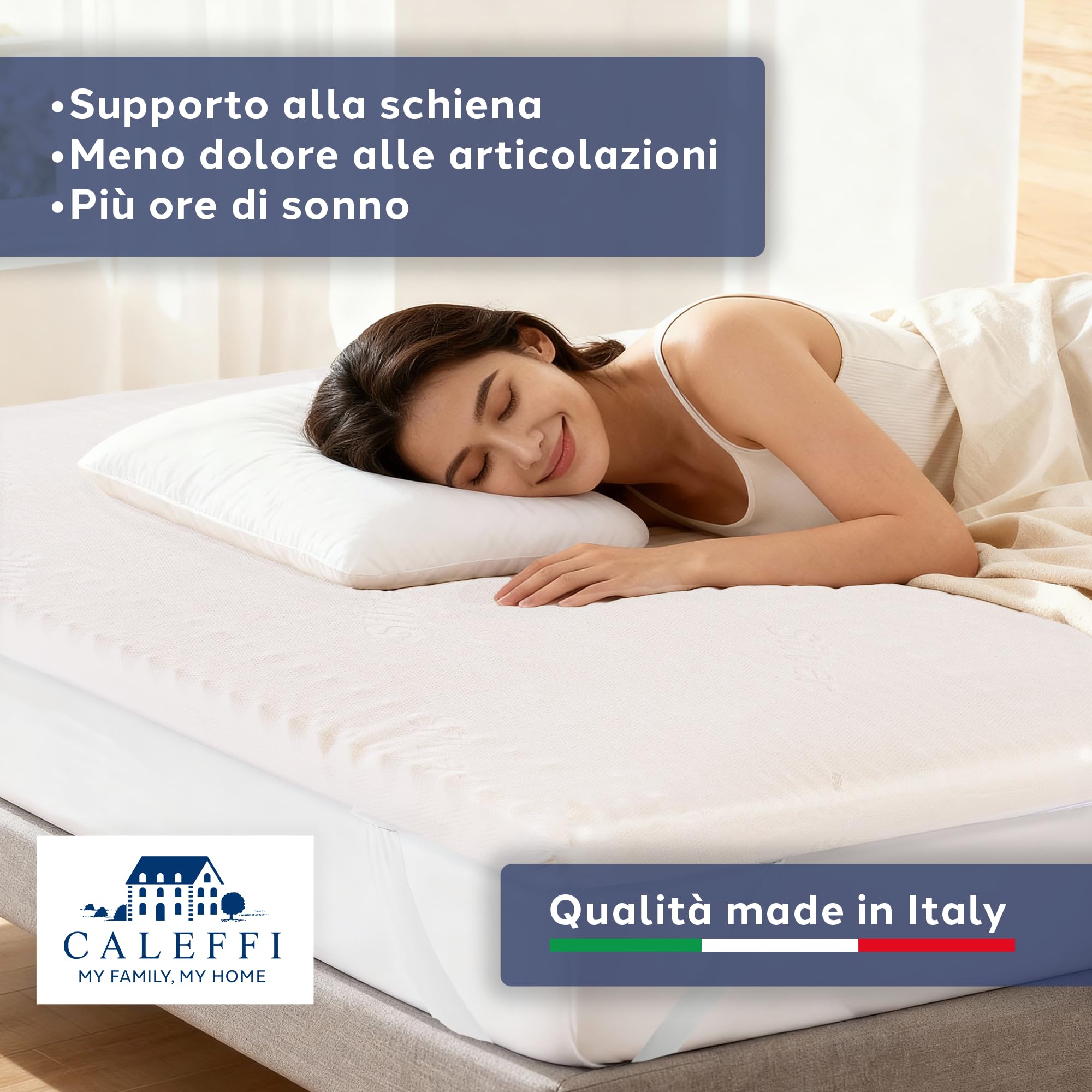 Caleffi - Topper Singolo Memory Foam 80x190 - Topper in Memory 6 cm – Elastici agli Angoli e Tessuto Sfoderabile Antibatterico - Copri Materasso Fresco e Rinfrescante - Made in Italy