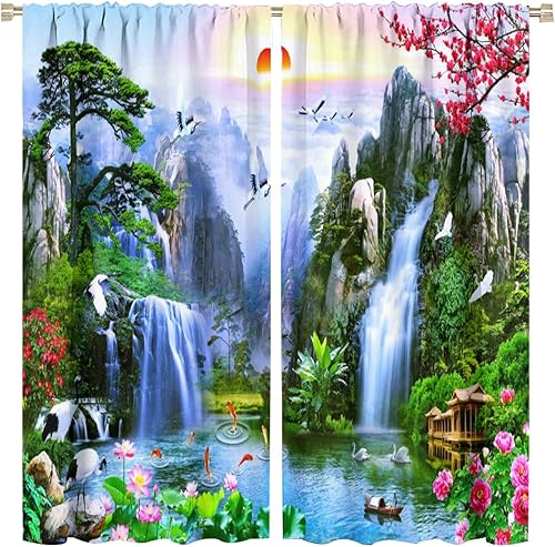Cortina de cascada de Deocr, cascada rodeada, loto rocoso, peces, cisne, paisajes, decoración del hogar, ventanas, bolsillo para barra, cortina para