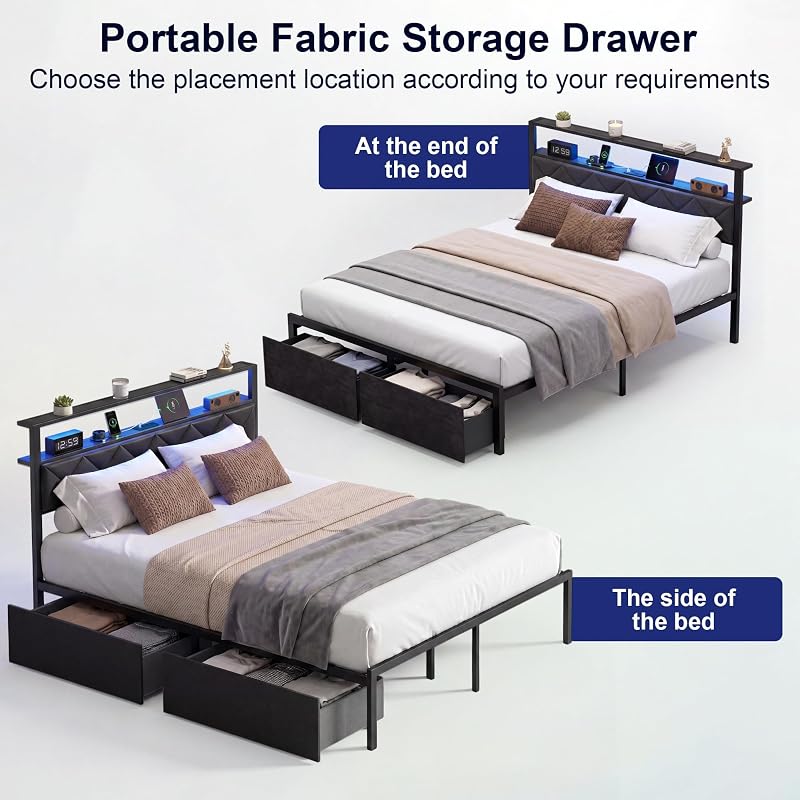 Queen Bed Frame with LED Lights, Charging Station & 2 Storage Drawers, Metal Platform with Upholstered Headboard, No Box Spring Needed, Easy Assembly image 5