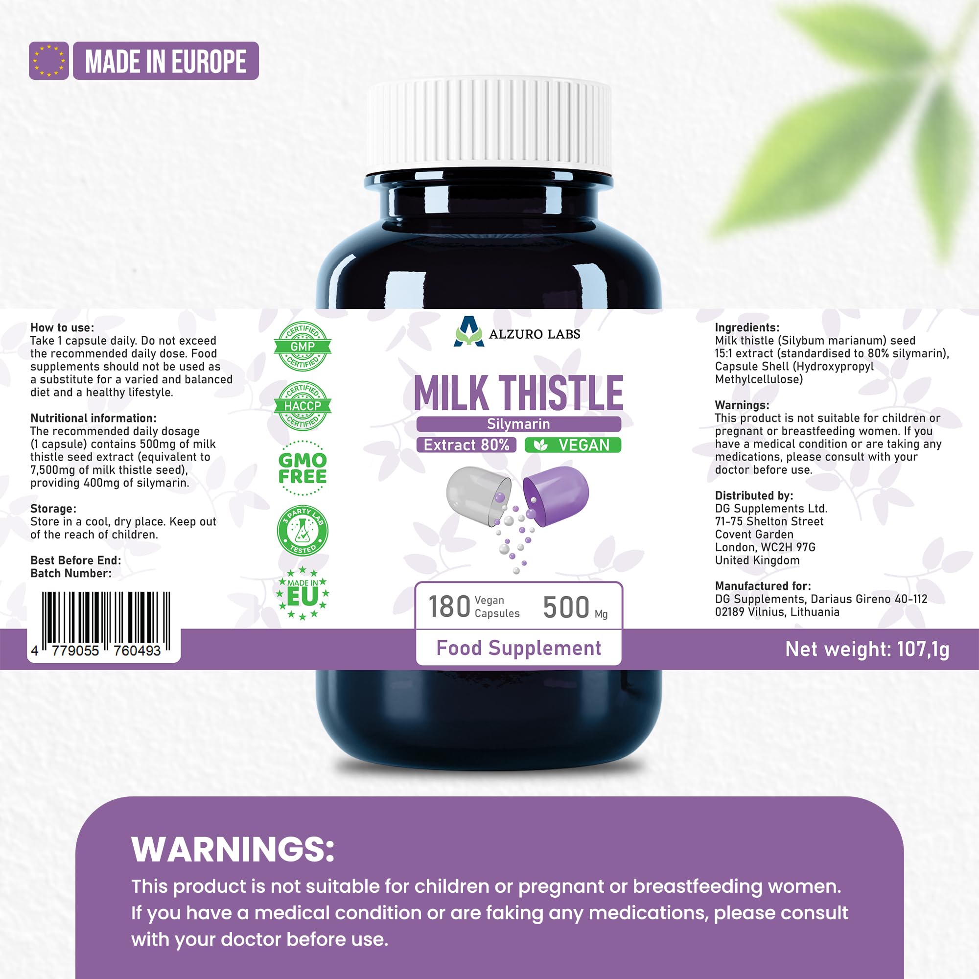 Milk Thistle | 6 000 mg Équivalent | Extrait 15:1 500 mg (80% Silymarine) | 180 Gélules Végétales | Chardon-Marie – Silybum marianum | GMP & Testé en Laboratoire Indépendant
