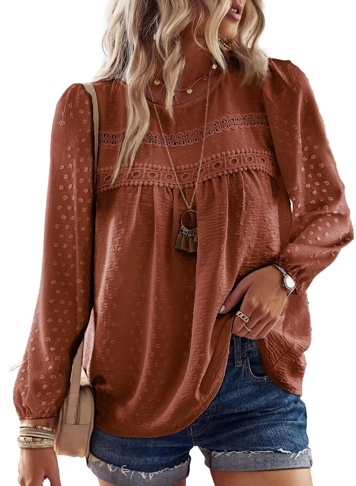 TUUHAW Camicia Donna Manica Lunga Autunno Boho Top con Scollo Rotondo Punto Svizzero Bluse Pizzo Elegante Maglietta Casual