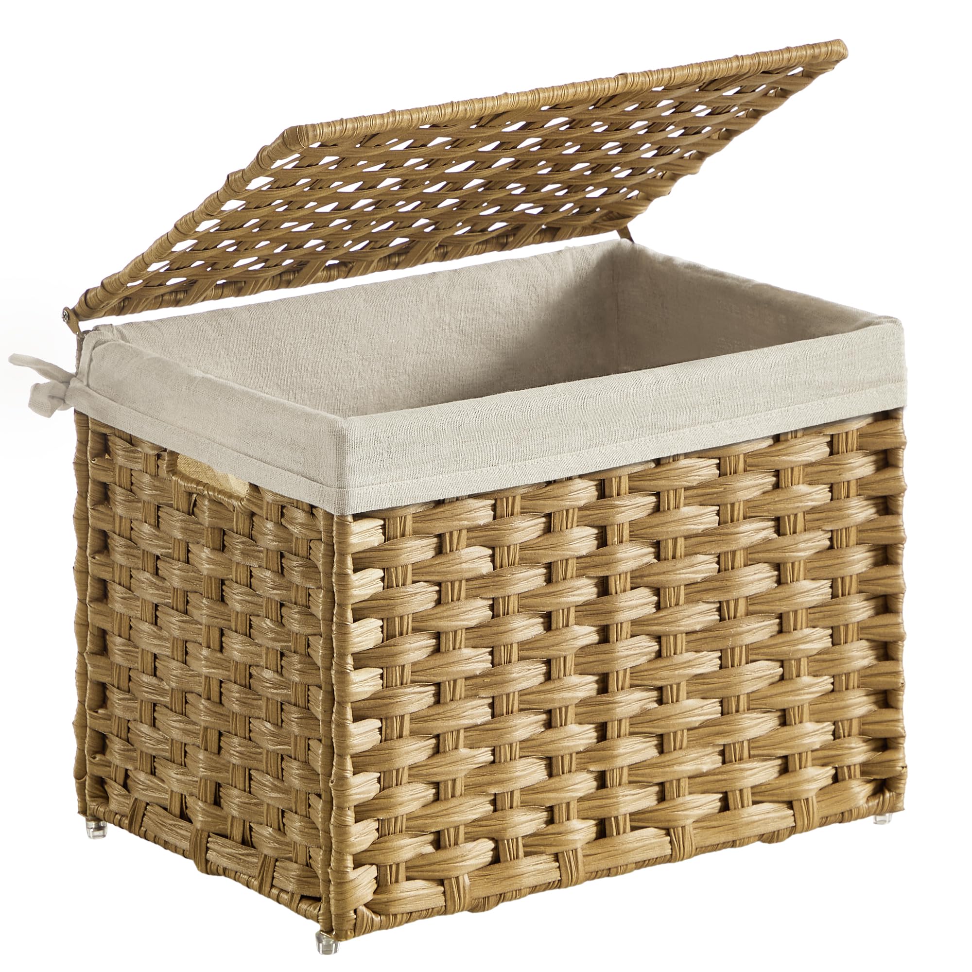 SONGMICS Cesta de almacenamiento con tapa, cesta de almacenamiento tejida con asas, plegable, forro extraíble, marco de metal, para dormitorio, lavandería, 35 l, natural
