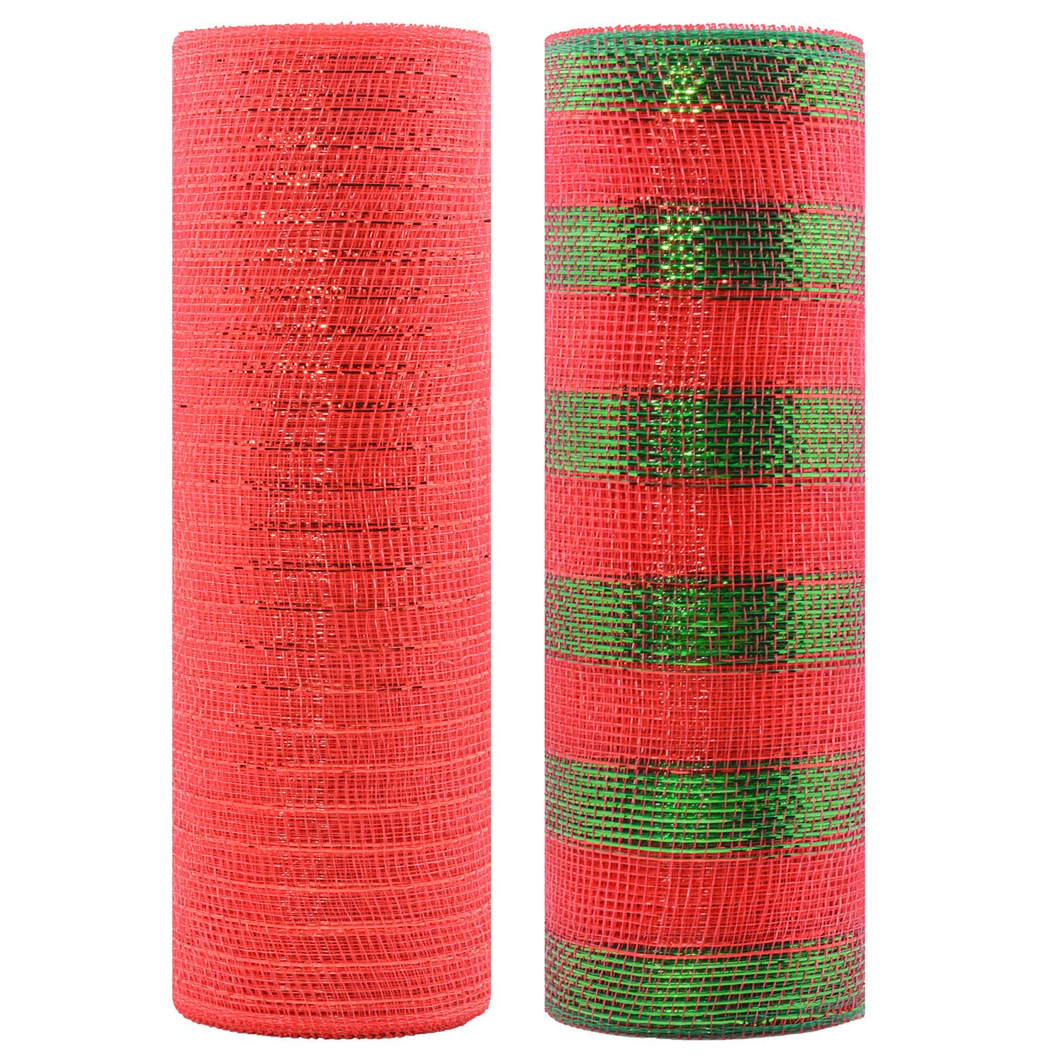 AcekitDeco Poly Decorating Mesh with Metallic Foil 10 inch x 30 feet Each Roll for Wreaths, Swags Bows Wrapping and Decorating Projects-Red+Red with Green foil