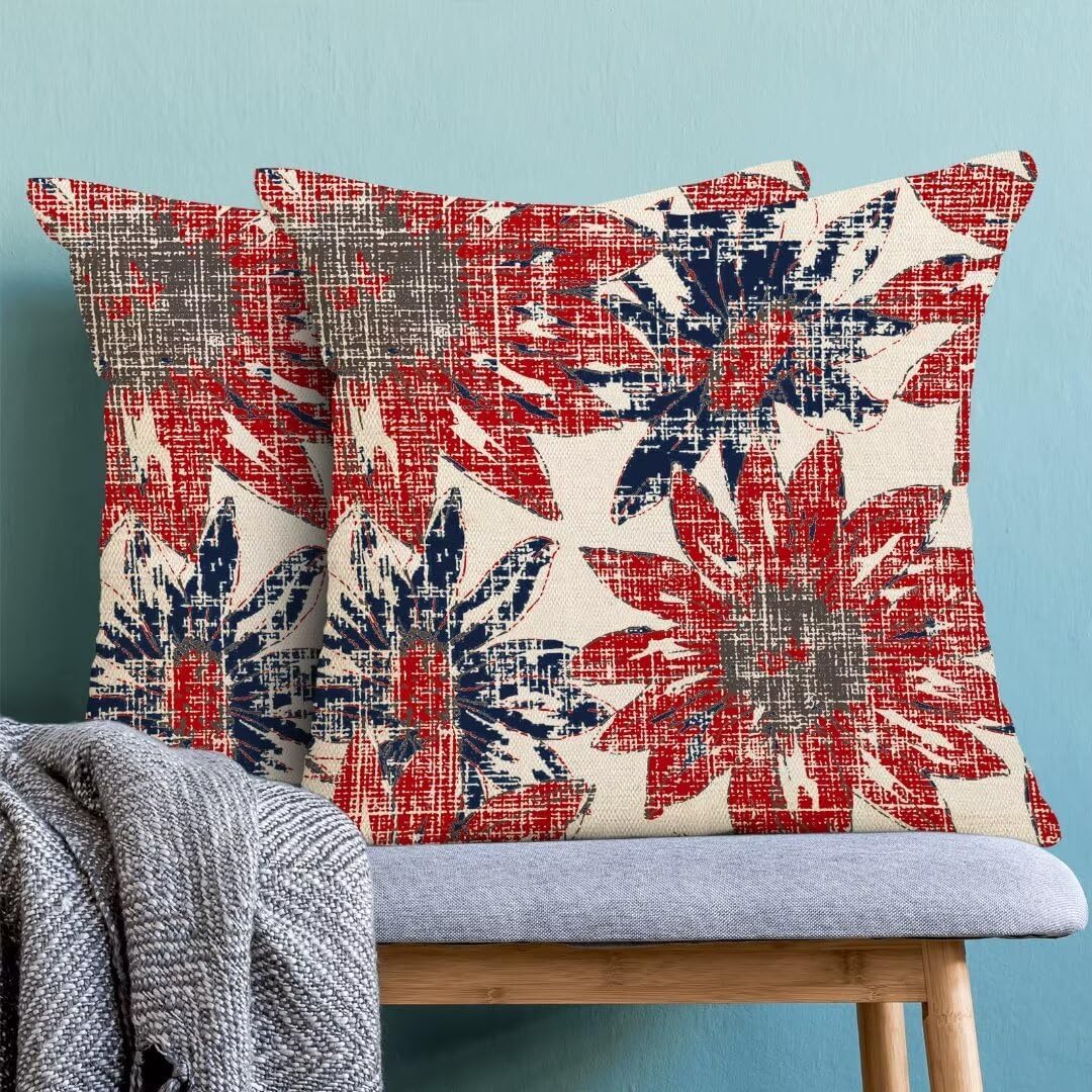 BETGINY Vintage Floral Pillow Covers 18 x 18 Inch Set of 2, Navy Blue Red Retro Sunflower Flowers Decorative Throw Pillow Covers Outdoor Linen Farmhouse Modern Art Pillowcases for Couch Sofa Decor - Image 4