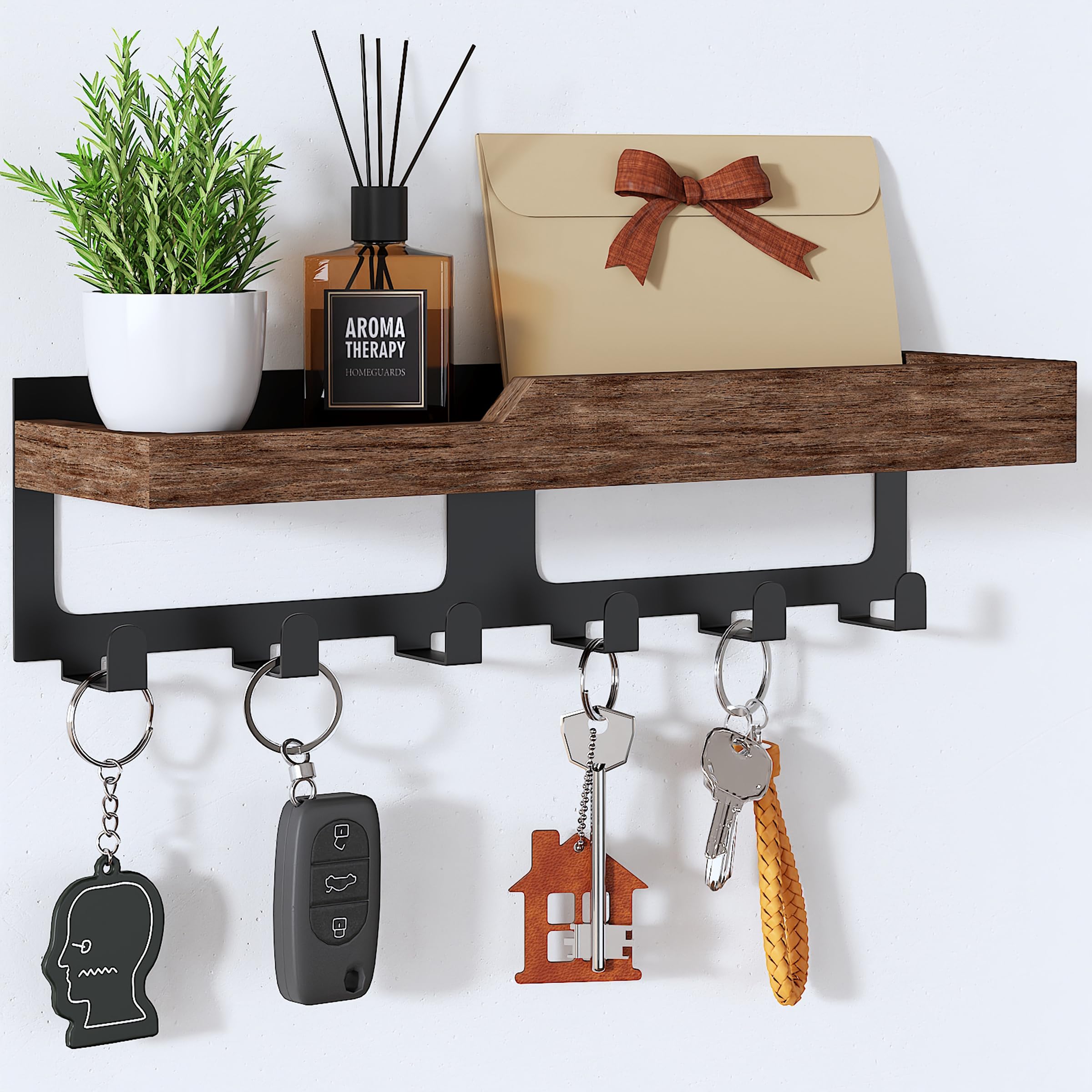 HapiRm Schlüsselbrett mit Ablage Shlüsselhaken – Schlüssel Organizer Wand mit Holztablett & 6 Haken, Wohnkultur Schlüsselkasten Holz Schlüsselbord, Schlüsselbrett Wand für Flur, Eingangsbereich, Büro