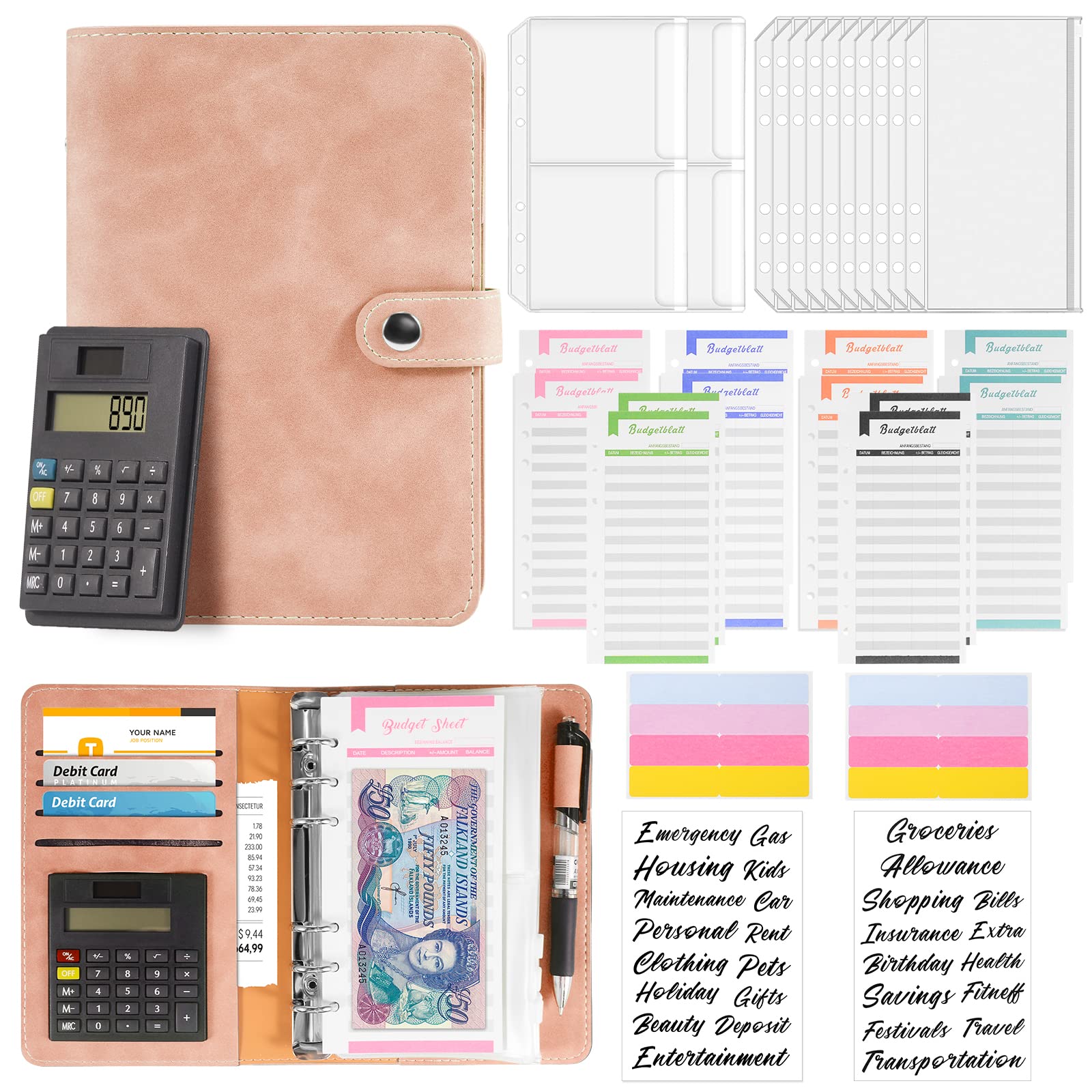 A6 Leather Money Saving Wallet with Calculator, 12 Cash Expense Envelopes and Budget Planner Sheets, Savings Binder for Travel Diary Offices Birthday Christmas Gifts, 30Pcs