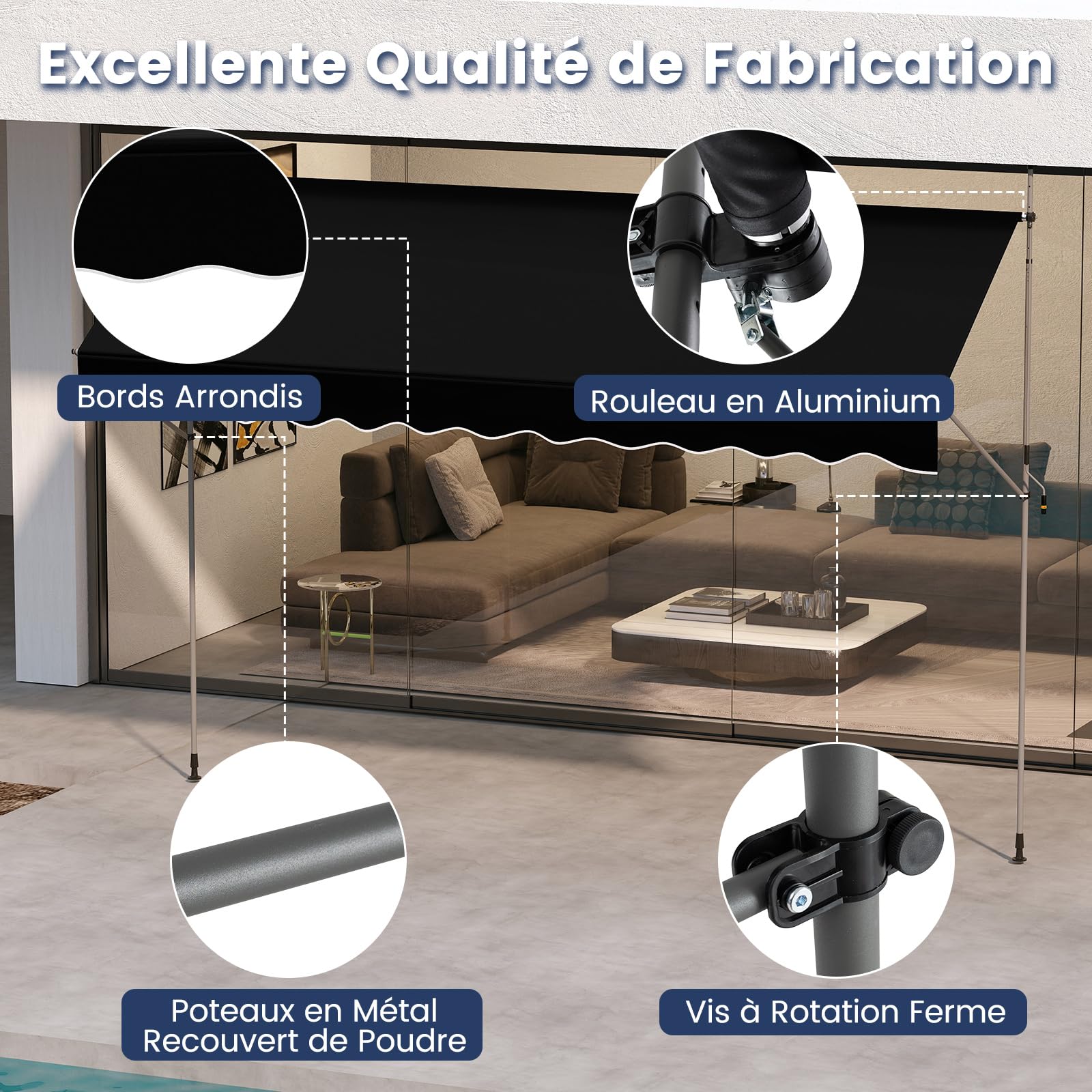 RELAX4LIFE Store Banne Manuel Rétractable avec Manivelle | Auvent Rétractable Résistant aux UV, Imperméable | Hauteur&Angle Réglable | Store Banne sans Percage pour Balcon, Terrasse (4x1,8 M,Noir)