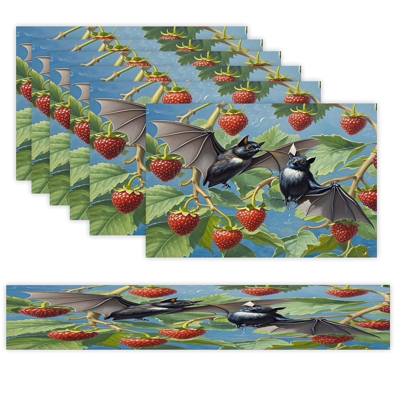 Gothic Bat Placemats Set of 6 and Table Runner for Holiday Party Kitchen Dining Table Decor Farmhouse Style Washable Table Mat Set Heat Resistant Linen Place Mat Sets