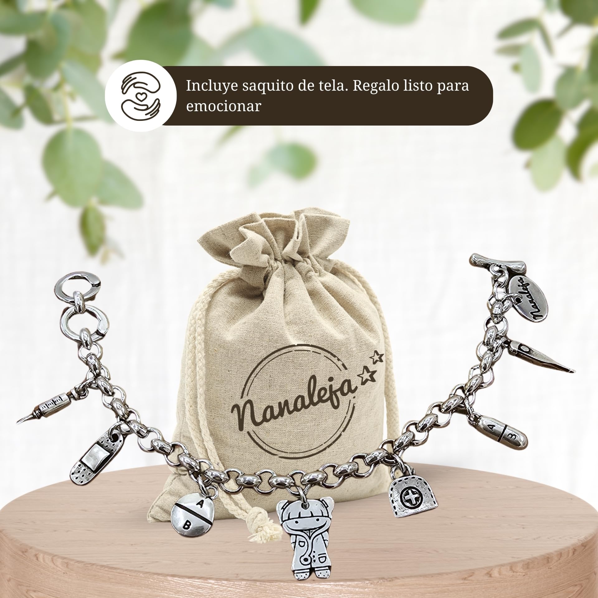 Pulsera enfermera 7 charms regalo para enfermeras y médicos - pulseras personalizadas - con baño de plata - regalo original para enfermera - hecha en España