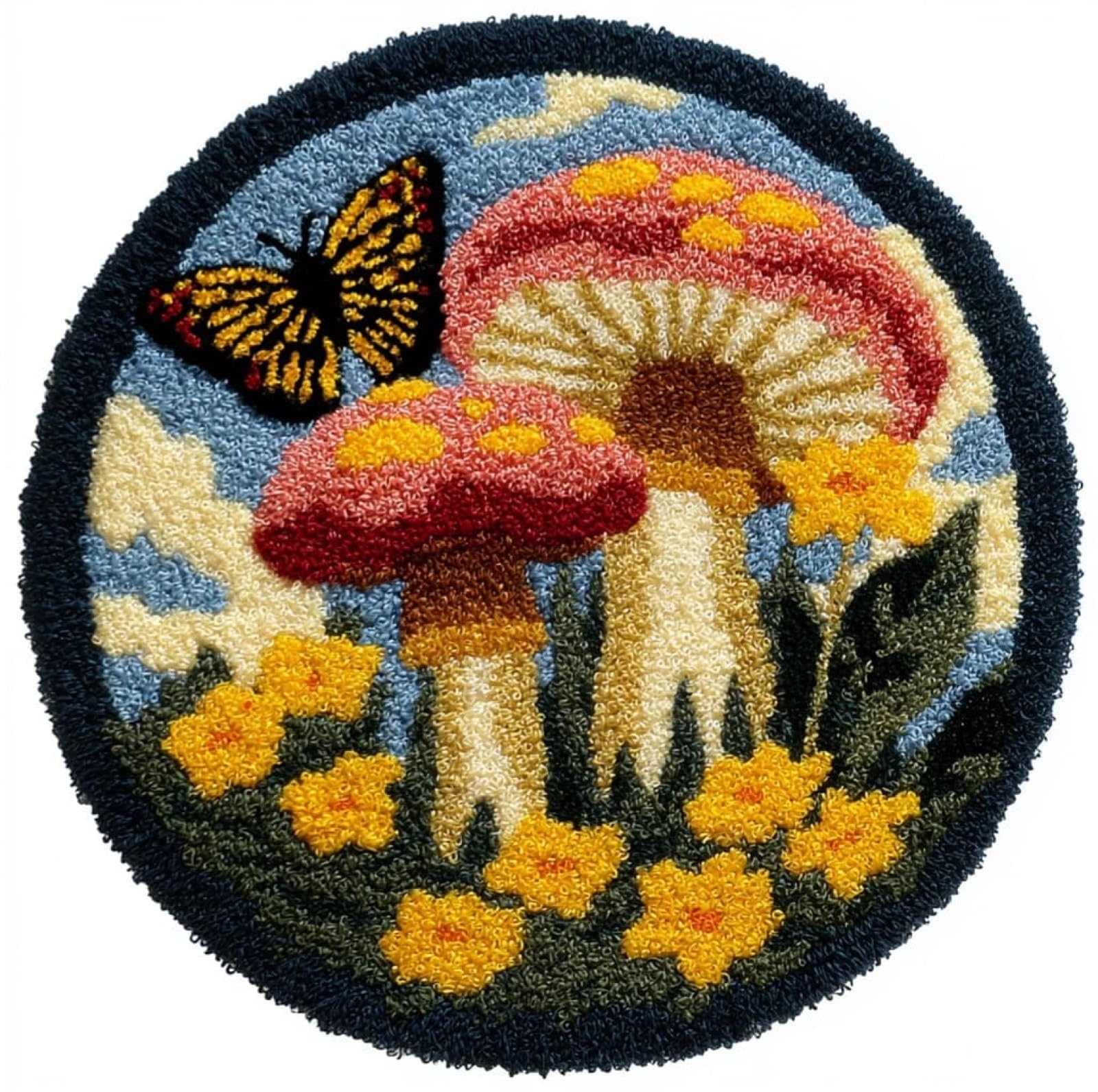 WallustrioaW Latch Hook Rug Kit,Butterflies and Mushrooms,Carpet Crochet Yarn Kits for Adults,Latch Hook Kits for Adults Colorful Pattern Printed Canvas,50x50cm