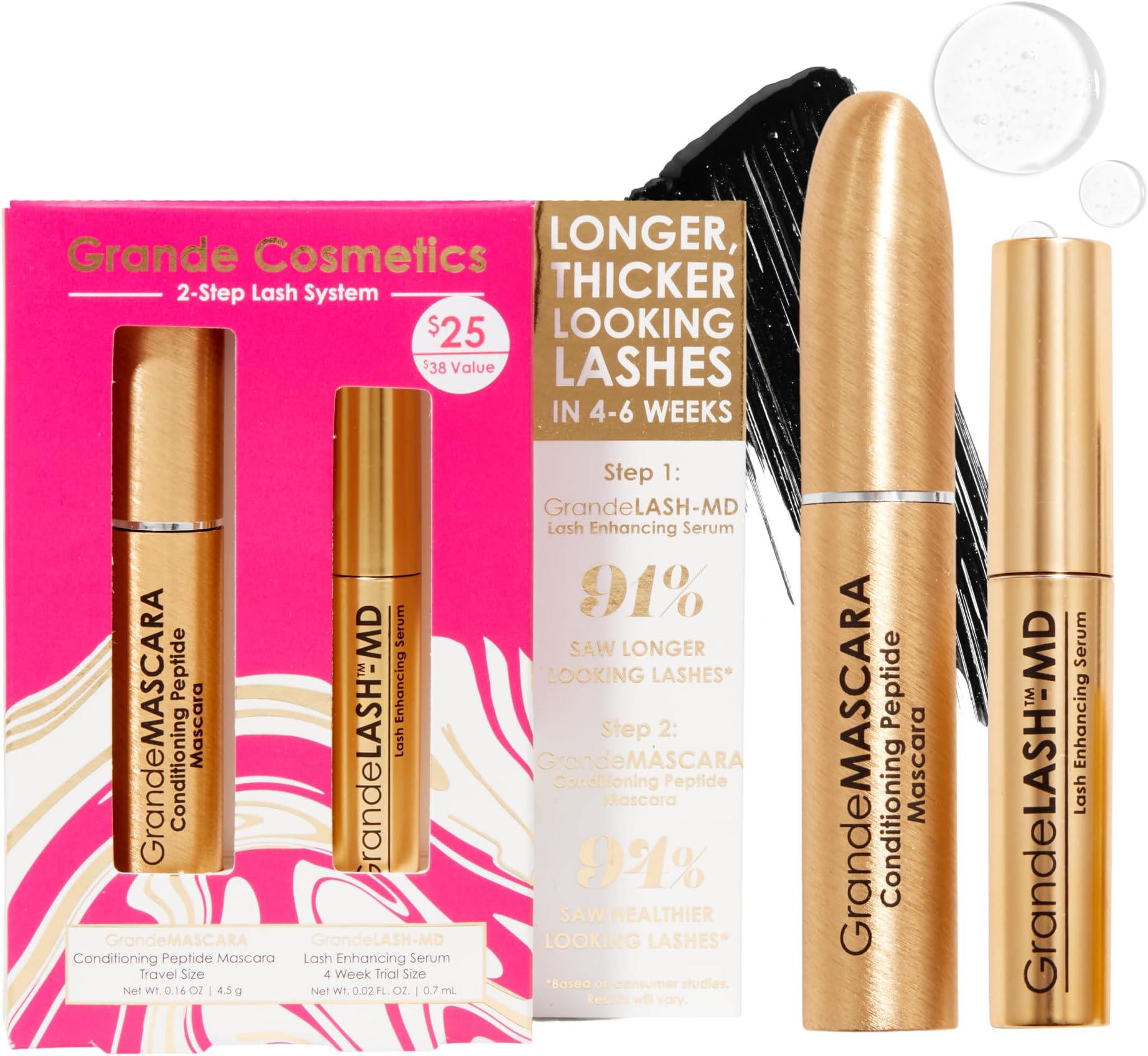 Grande Cosmetics 2-Step Lash System Set, GrandeLASH-MD & GrandeMASCARA Conditioning Peptide Mascara for Fuller, Healthier, Longer-Looking Lashes