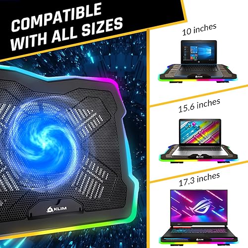 Vista 12 de KLIM Ultimate + RGB - Almohadilla de refrigeración para laptop con borde LED + nuevo + enfriador de laptop para juegos + ventilador alimentado por