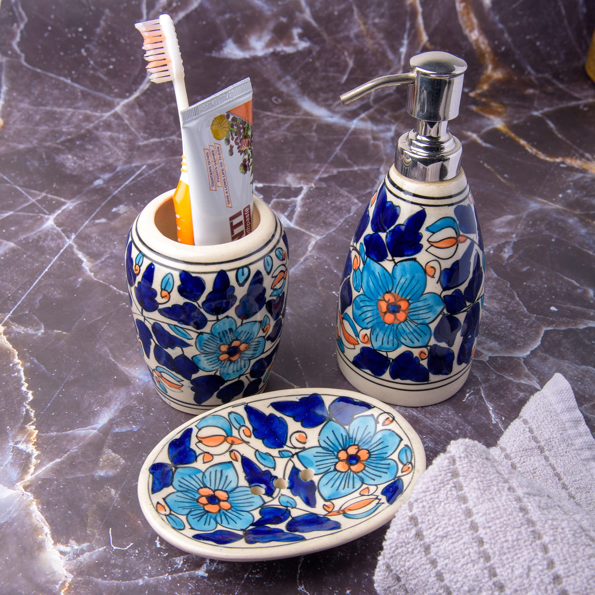 India Meets India Khurja Pottery Decorated Floral Design Bathroom Accessories Set with Soap Dish Liquid Soap Dispenser and Toothbrush Holder (Blue) - Image 2 thumbnail