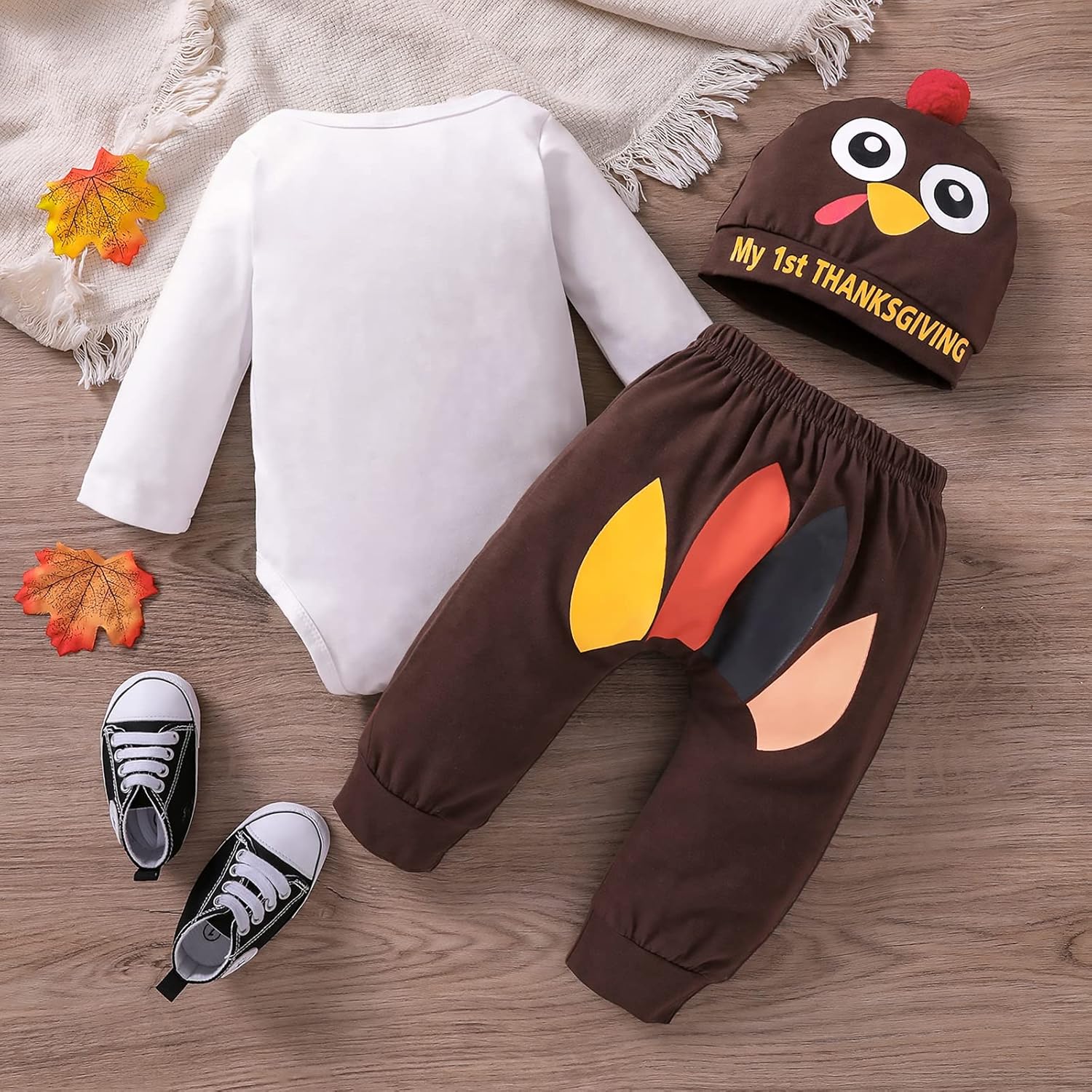 Thanksgiving Baby Boy Outfits Newborn My 1st Thanksgiving Turkey Romper Long Pants Hat 3PCS Outfits 0-18 Months - Image 3