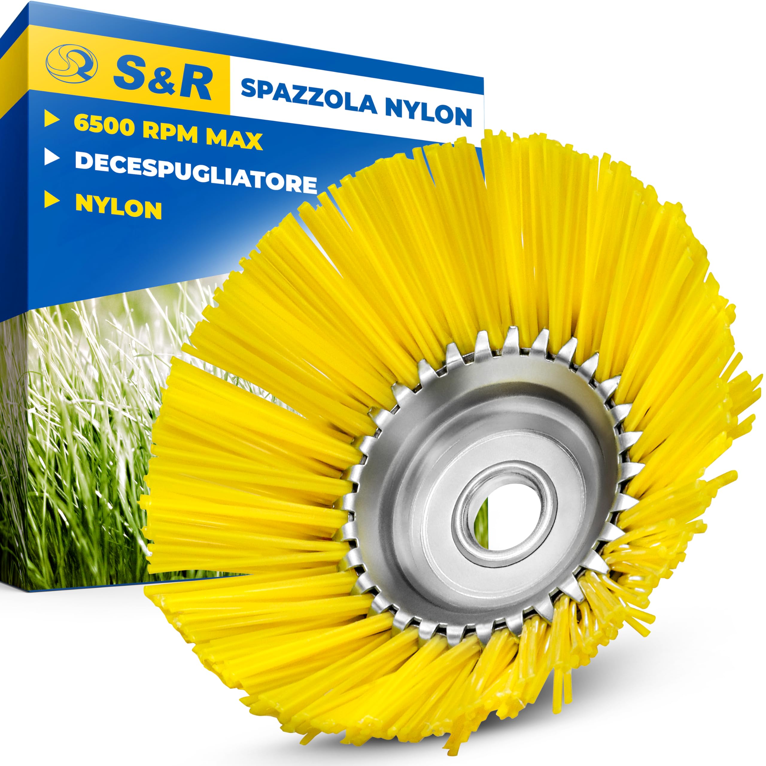 S&R Spazzola per Erbacce Testina Decespugliatore in Nylon. Spazzola per Bordi Prato Erbacce, Diametro 200mm Foro 25,4 mm Gialla
