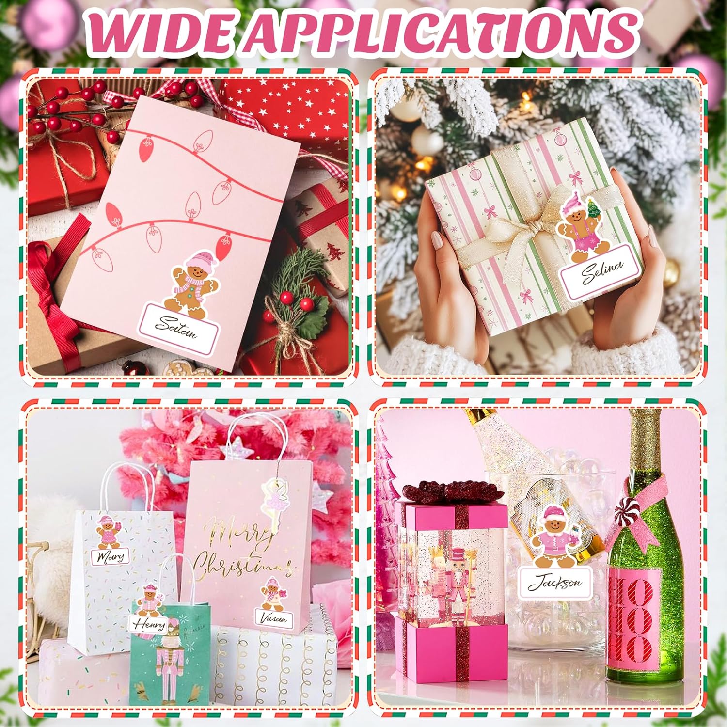 120Pcs Christmas Gingerbread Gift Tags Stickers,Pink Cartoon Gingerbread Man Self Adhesive Xmas Gift Name Tags, Christmas Labels Stickers for Envelope Winter Holiday Birthday Present - Image 7