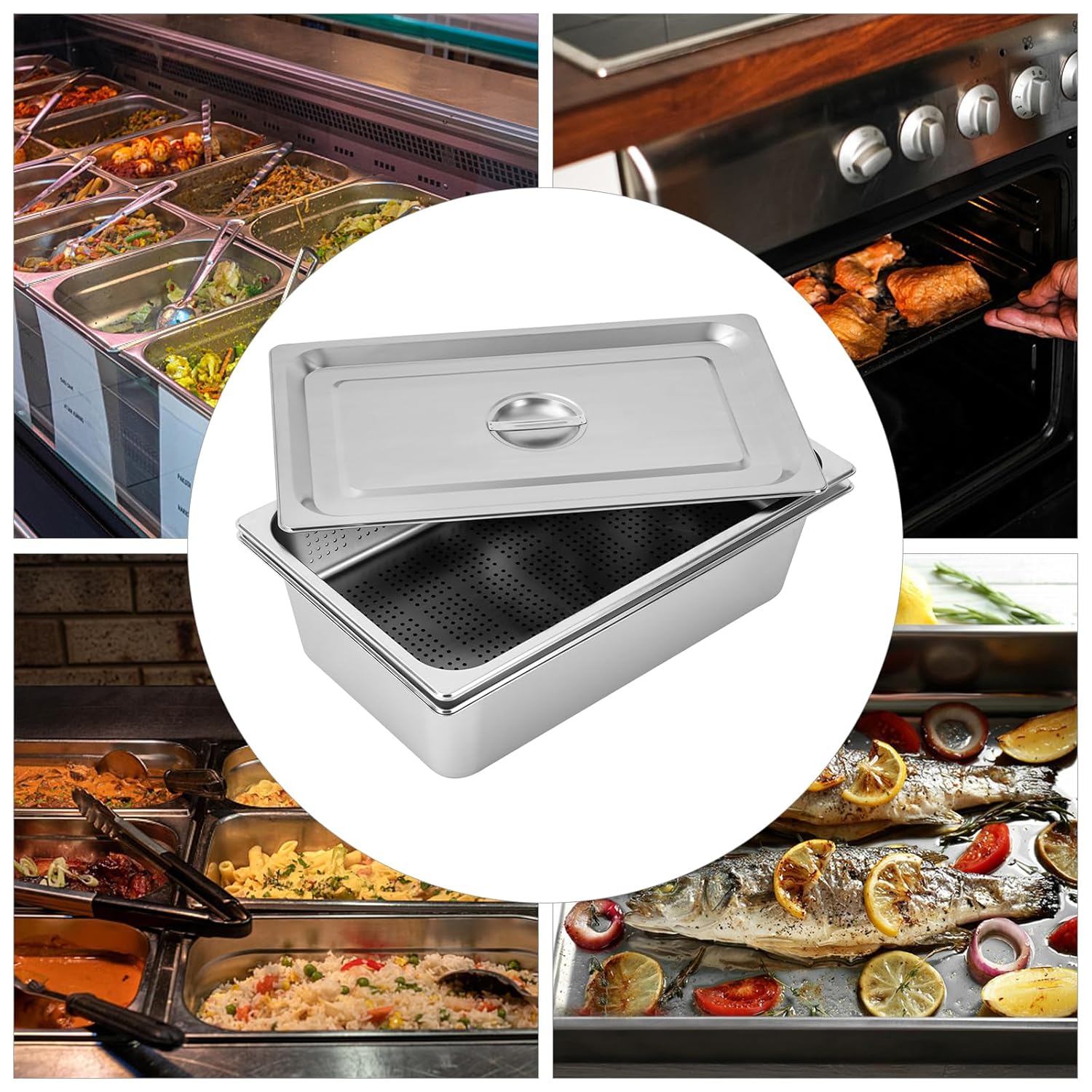 3 Pack Full Size 4 Inch & 6 Inch Hotel Pan with Lid Include Pan Perforated Steam Pan Steam Table Pan Cover for Restaurants, Cafeteria, Kitchen (Full Size)