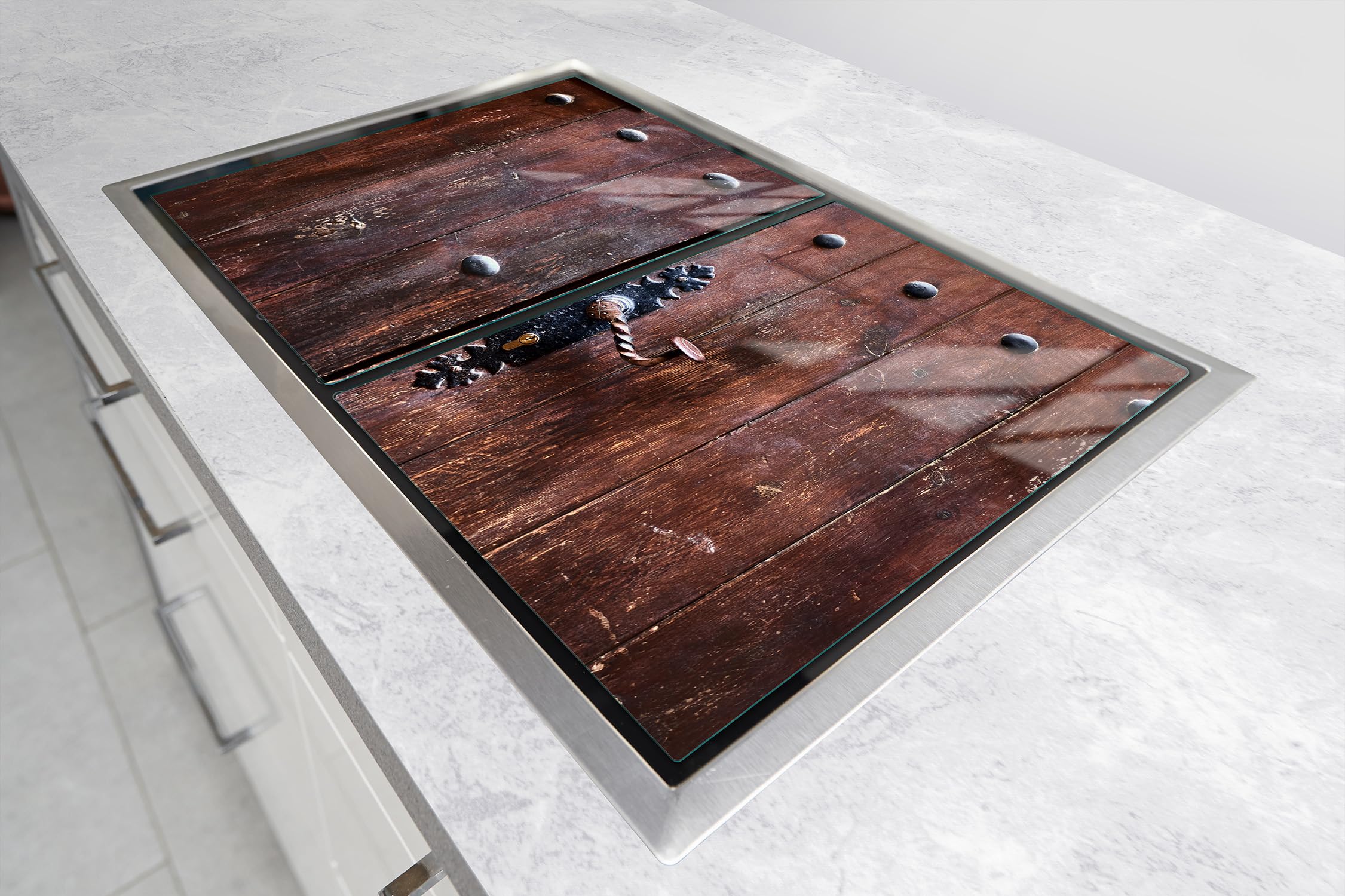 TMK ArtDeko Herdabdeckplatten Set 70 x 52 cm Ceranfeld Abdeckung Glas Spritzschutz Abdeckplatte Glasplatte Herd Ceranfeldabdeckung Deko Schneidebrett, Holz