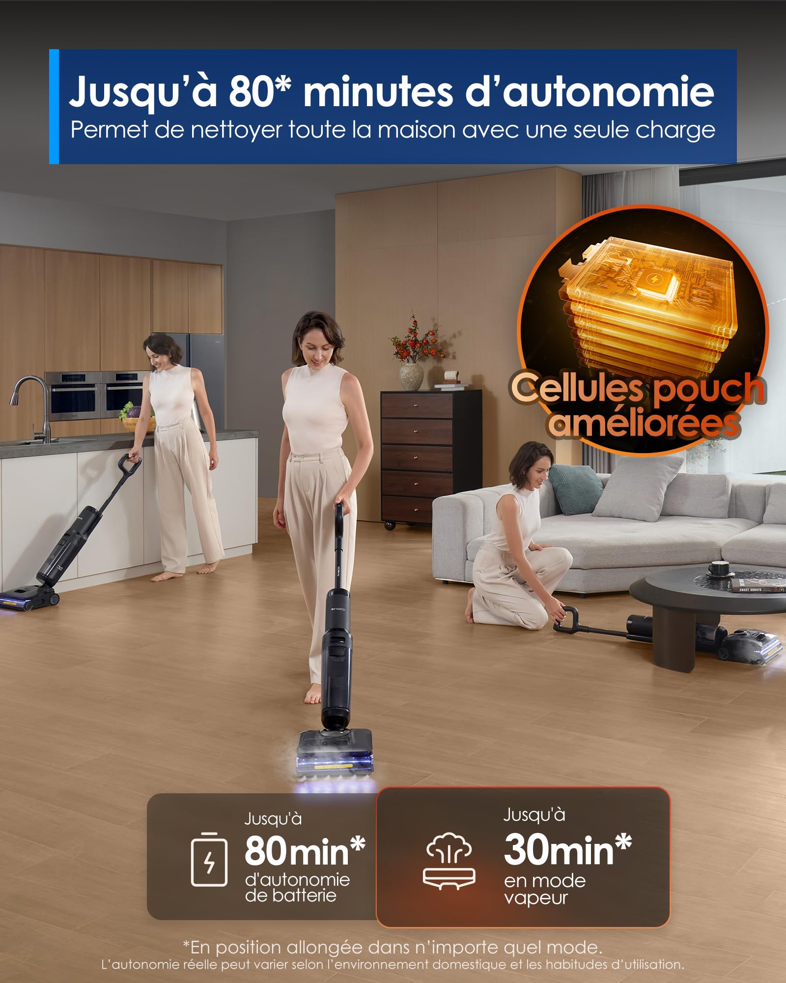 Tineco Floor One S7 Stretch Steam Nettoyeur Vapeur, Aspirateur Balai Vapeur sans Fil 2 en 1, 160℃ HyperSteam, 180° Pose à Plat, Auto-Nettoyage FlashDry, 80 Min d'autonomie, Anti-Tangle-Design