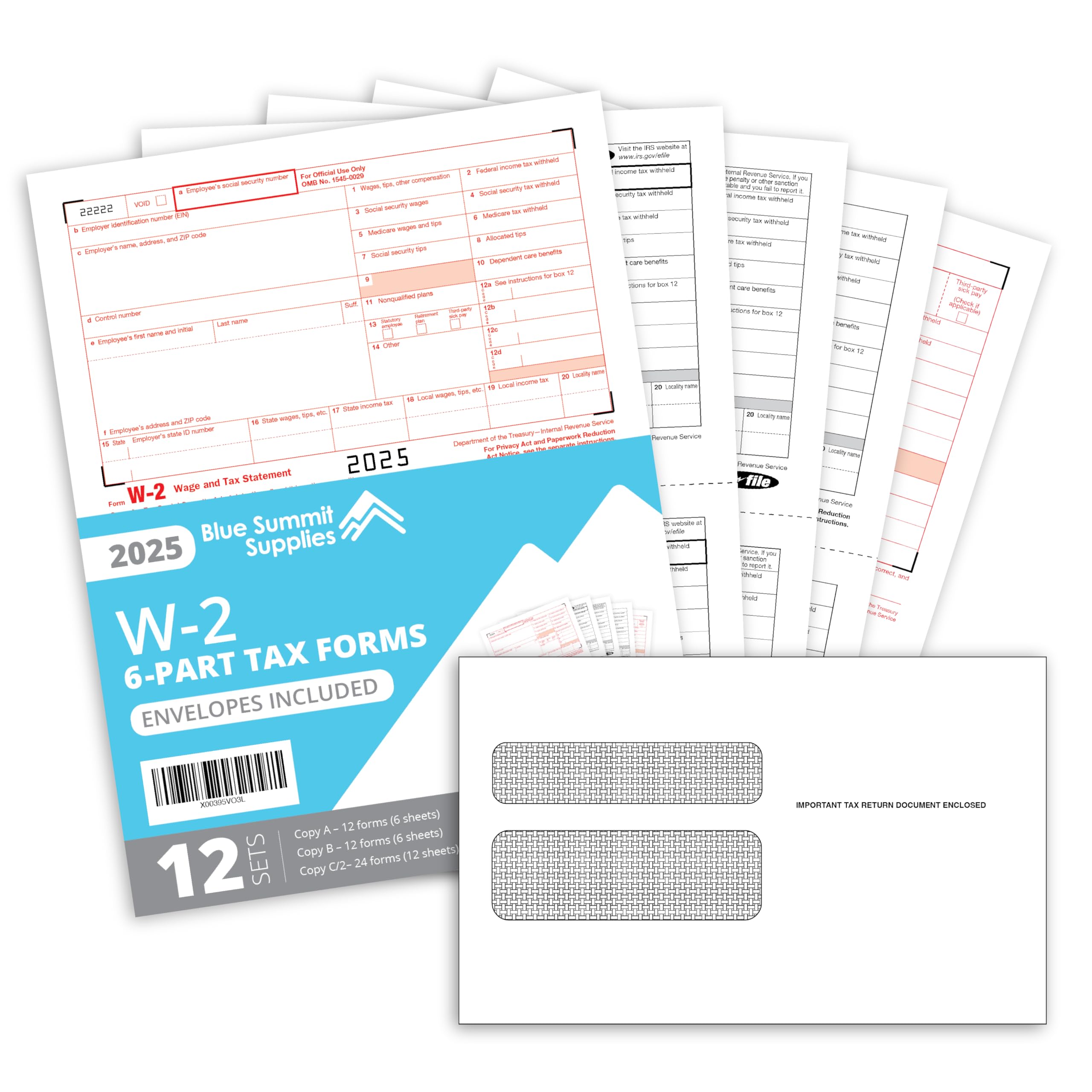 Blue Summit Supplies W2 6 Part Tax Forms, 12 Employee Kit of Laser Forms Compatible with QuickBooks and Accounting Software, 12 Self Seal Envelopes