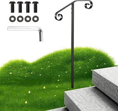 Handrails for Outdoor Steps, 1-2 Step Single Post Handrail, 58" H Rustproof Wrought Iron Stair Railing with Assembly Tool Kit for Concrete Steps, Wood Steps, Black