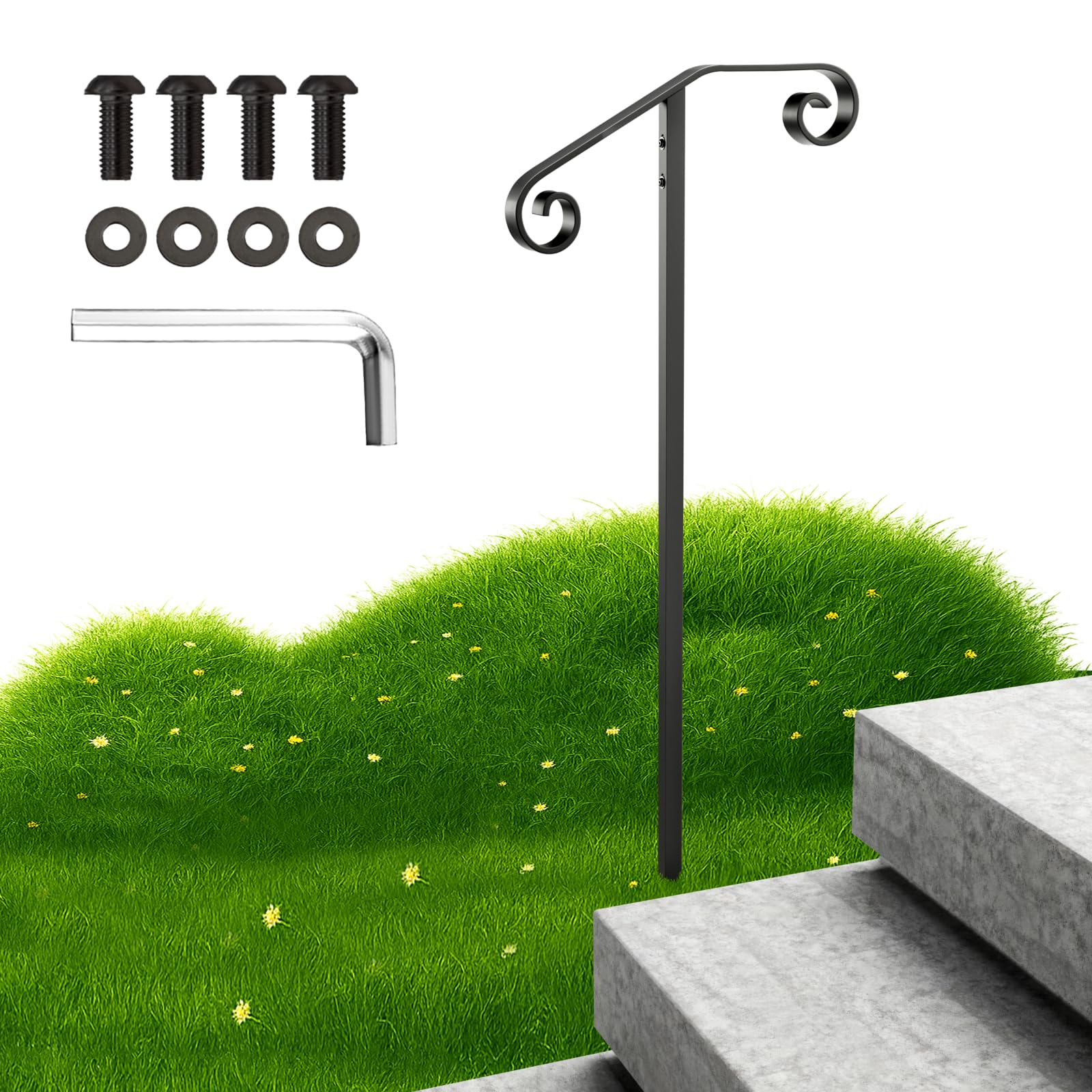 SPACEEUP handrails for Outdoor Steps Single Post Handrails for Outdoor Steps Wrought Iron Single Post Handrail, Ground Long Post Fits 1 or 2 Steps Grab Rail Single Post Railing (Black)
