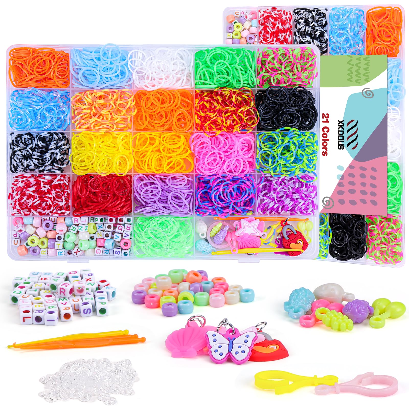 Photo 1 of XKDOUS Rubber Band Bracelet Kit, Loom Bracelet Making Kit for Art and Craft, Rubberband Bracelets kit for Kids Ages 6+ 21 Colors 2000+