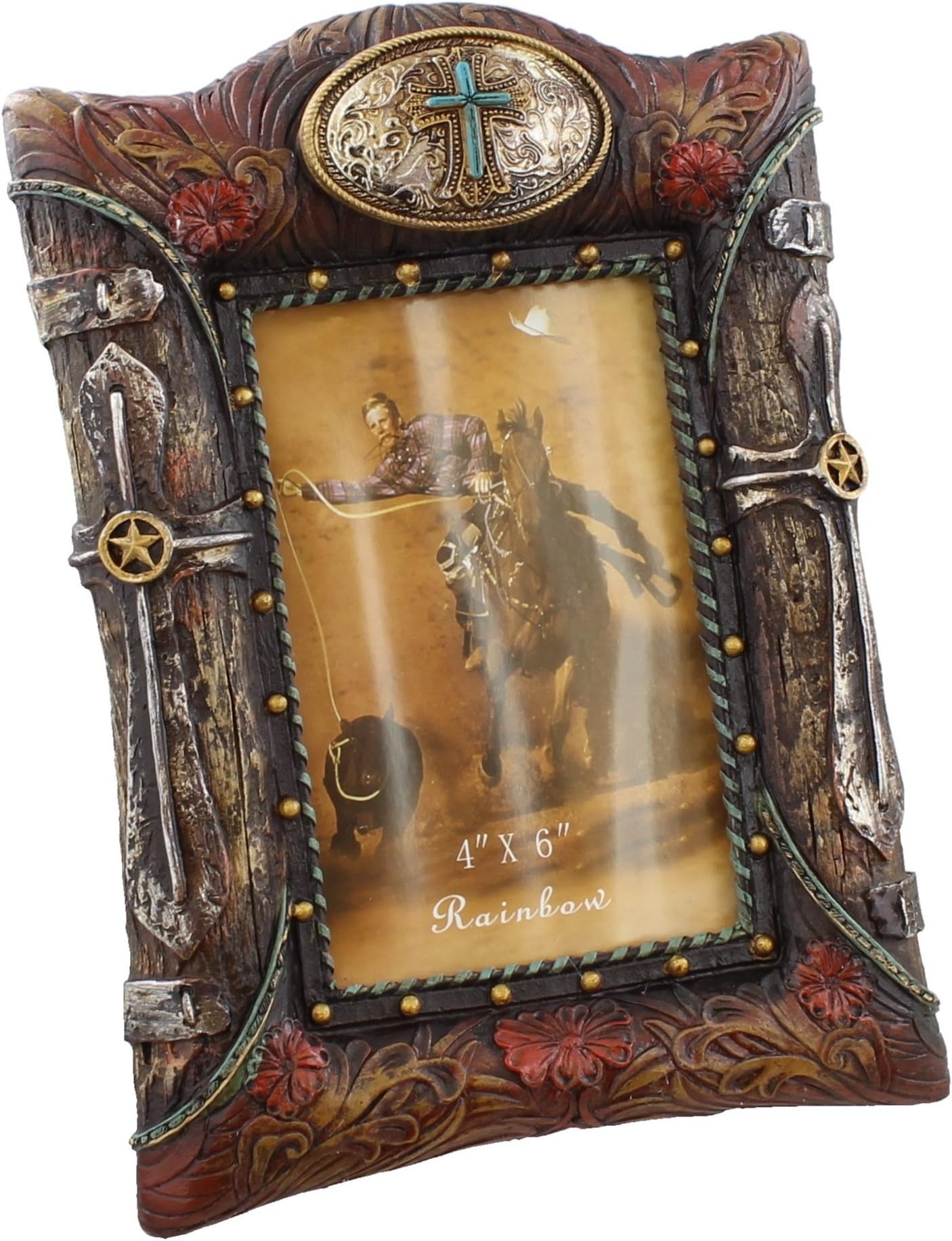 Western Buckle Picture Frame 4x6 Photo Faux Turquoise Cross Wood Tooled Leather