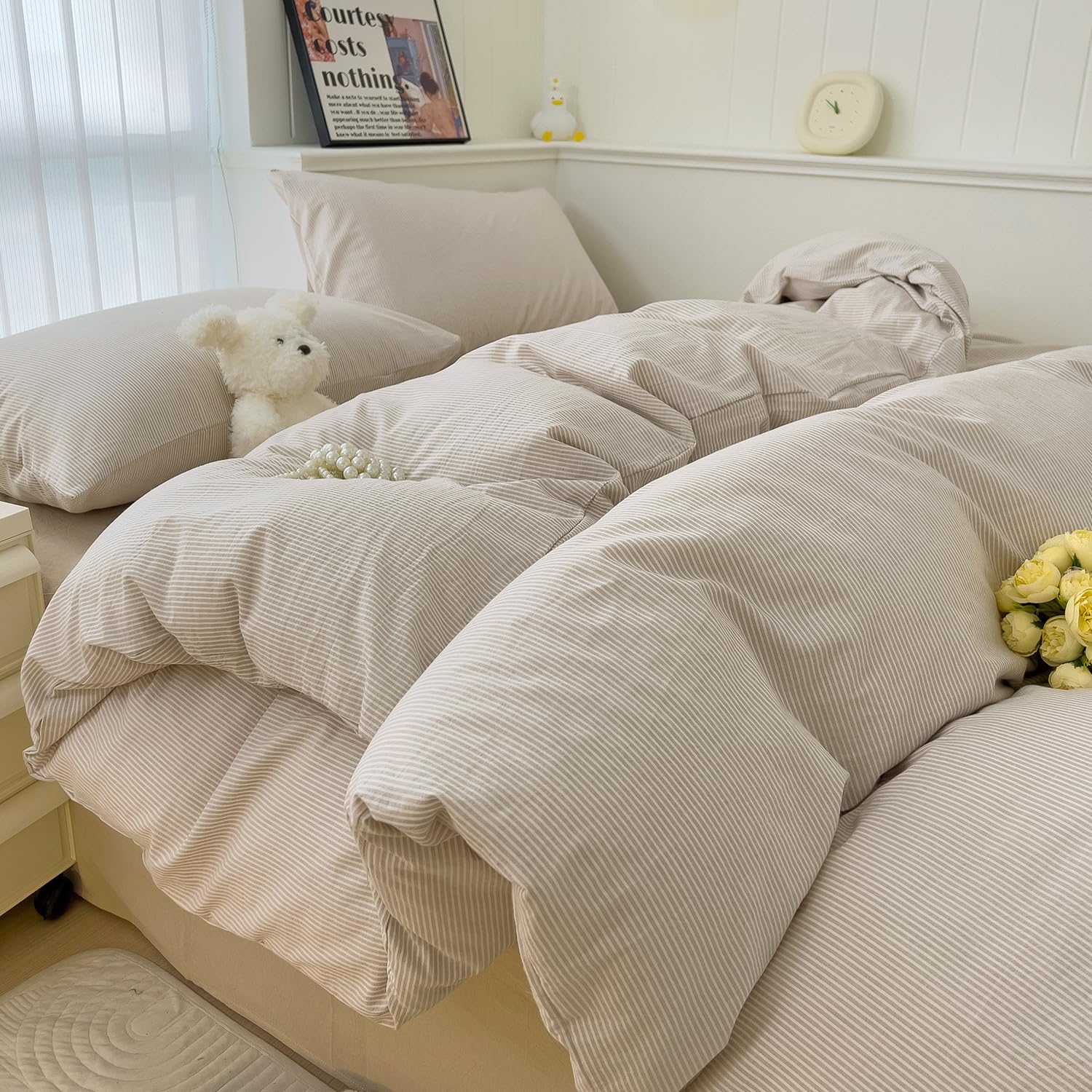 mixinni Tan Striped Duvet Cover Full Size - 100% Washed Cotton Beige Pinstripe Comforter Cover with Zipper Closure, Lightweight &amp; Breathable, 3 Pieces Minimalist Stripes Pattern Printed Bedding Set