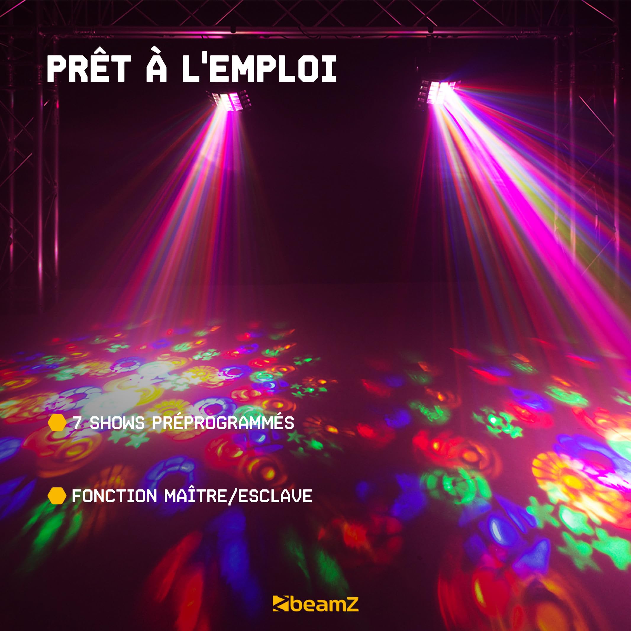 BeamZ Gobo Derby avec UV et Stroboscope, DJ Light Effect, Shows Préprogrammés, Jeu de Lumières LED, Lumière Noire/UV, Télécommande, Multicolor, Plafond/Mur, Rotation Automatique/Rythmée