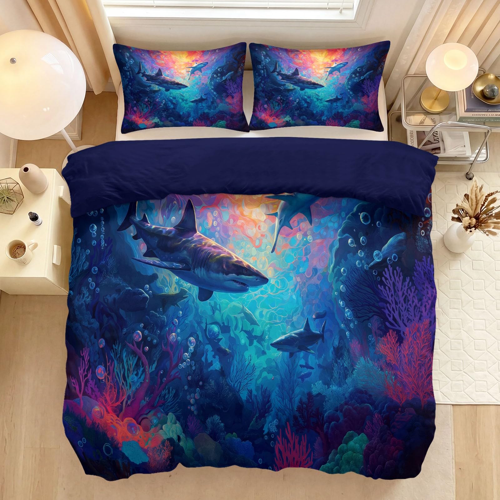Housse de couette requin pour une décoration de chambre adulte ambiance océan bleu